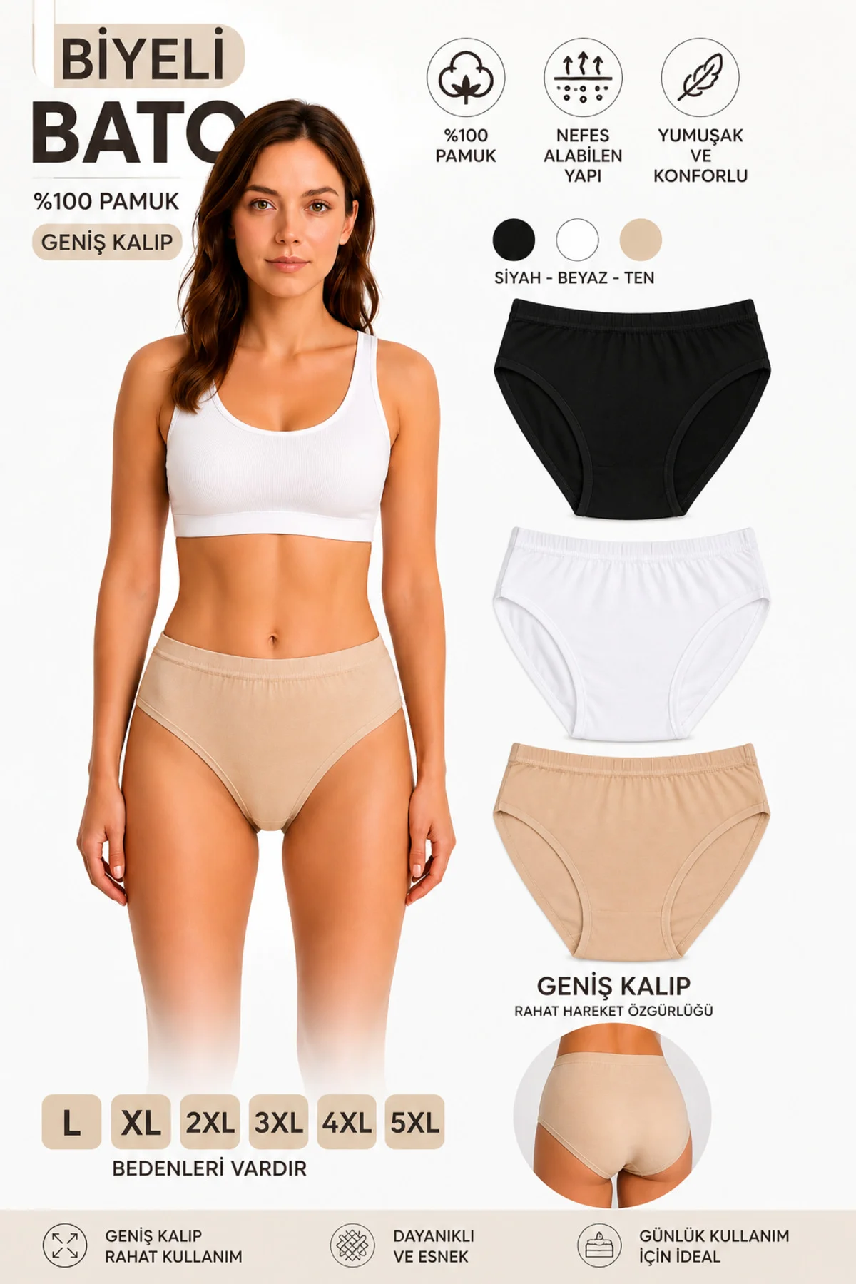 Biyeli Bato Kadın Külot 3'lü Paket %100 Pamuk Geniş Kalıp Yüksek Bel Siyah Beyaz Ten L XL 2XL 3XL 4XL 5XL Büyük Beden