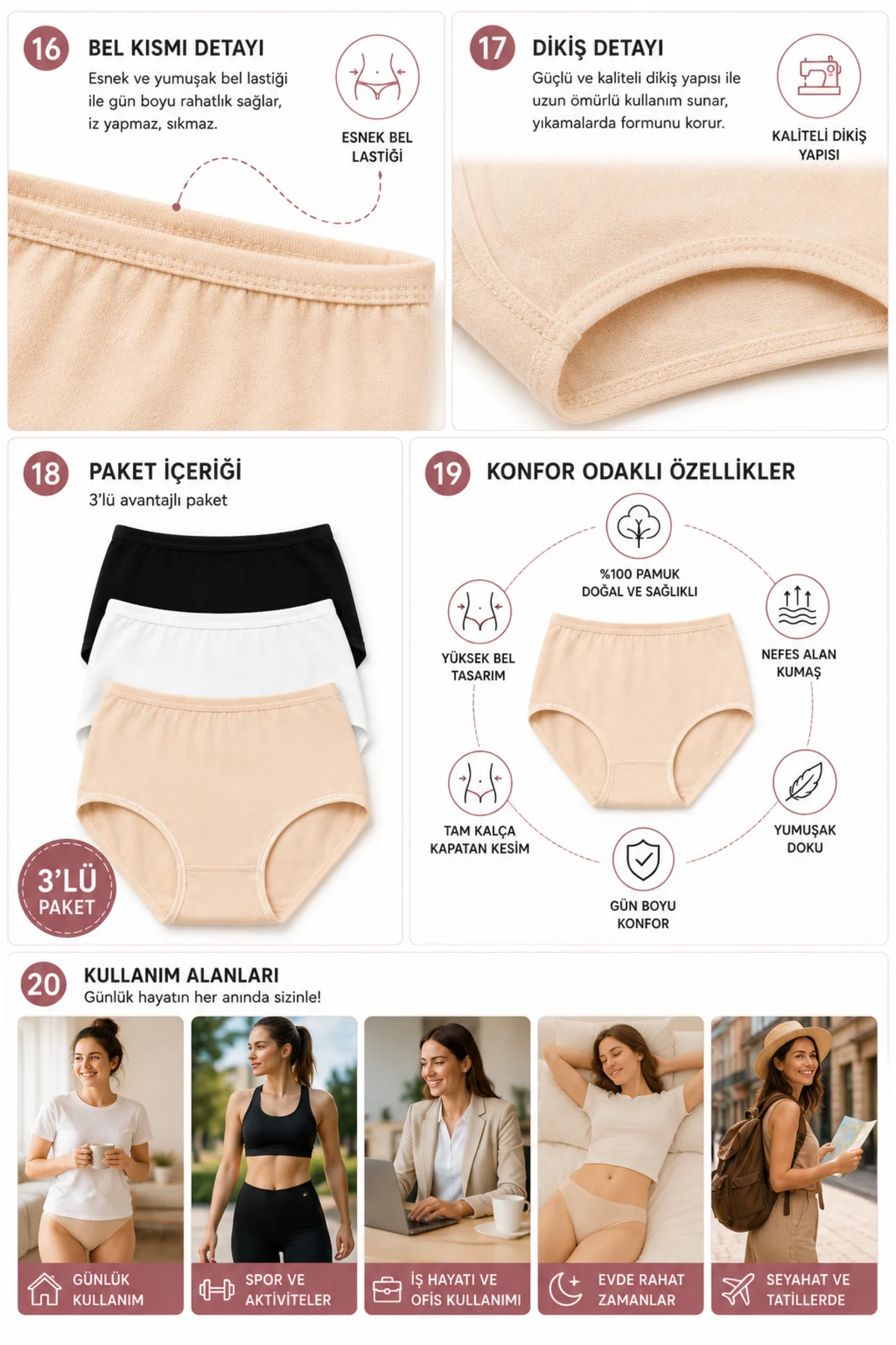 Biyeli Bato Kadın Külot 3'lü Paket %100 Pamuk Geniş Kalıp Yüksek Bel Siyah Beyaz Ten L XL 2XL 3XL 4XL 5XL Büyük Beden