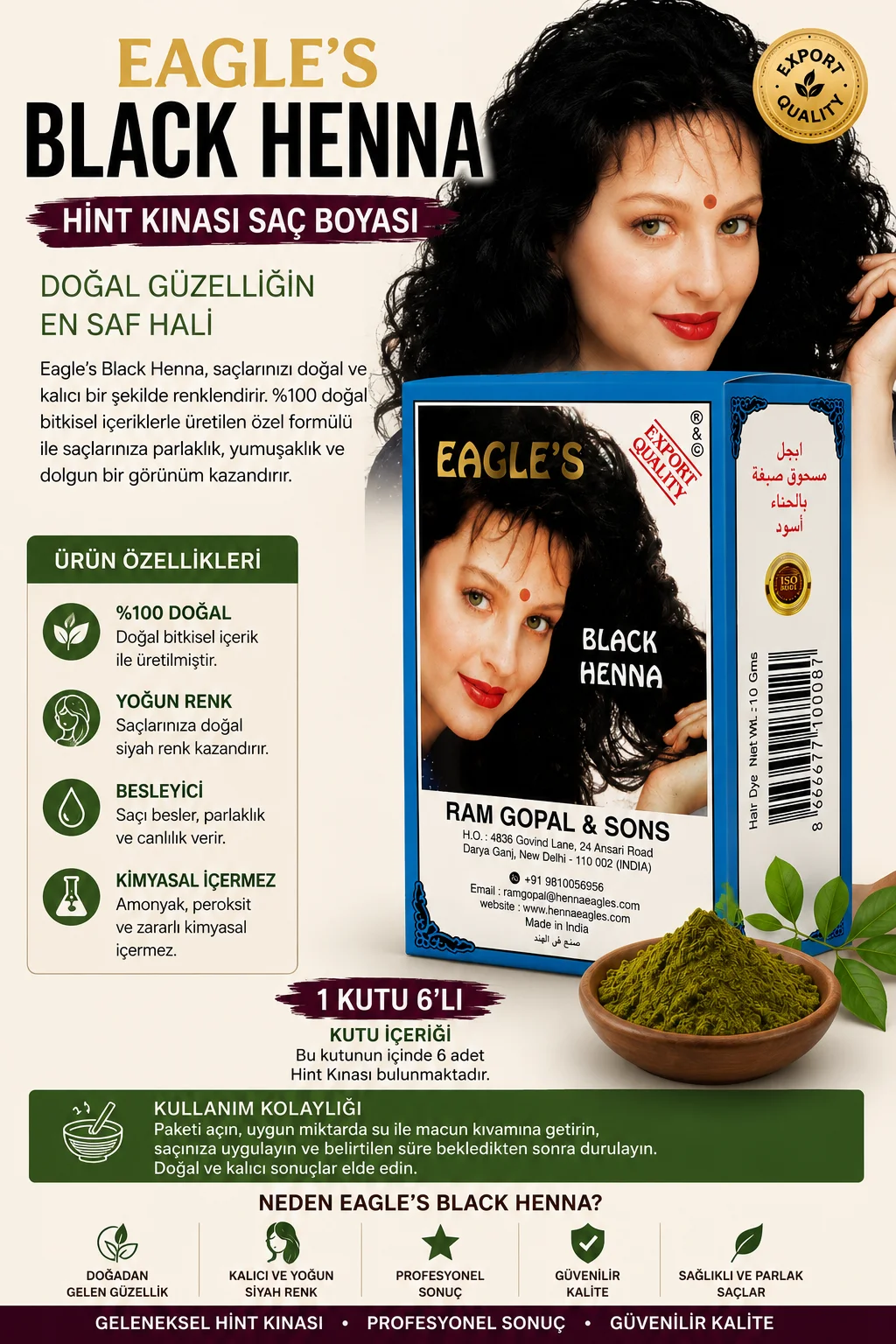 Black Henna Hint Kınası Saç Boyası Siyah Renk 6'lı Kutu - Doğal Görünümlü Kalıcı Saç Boyası