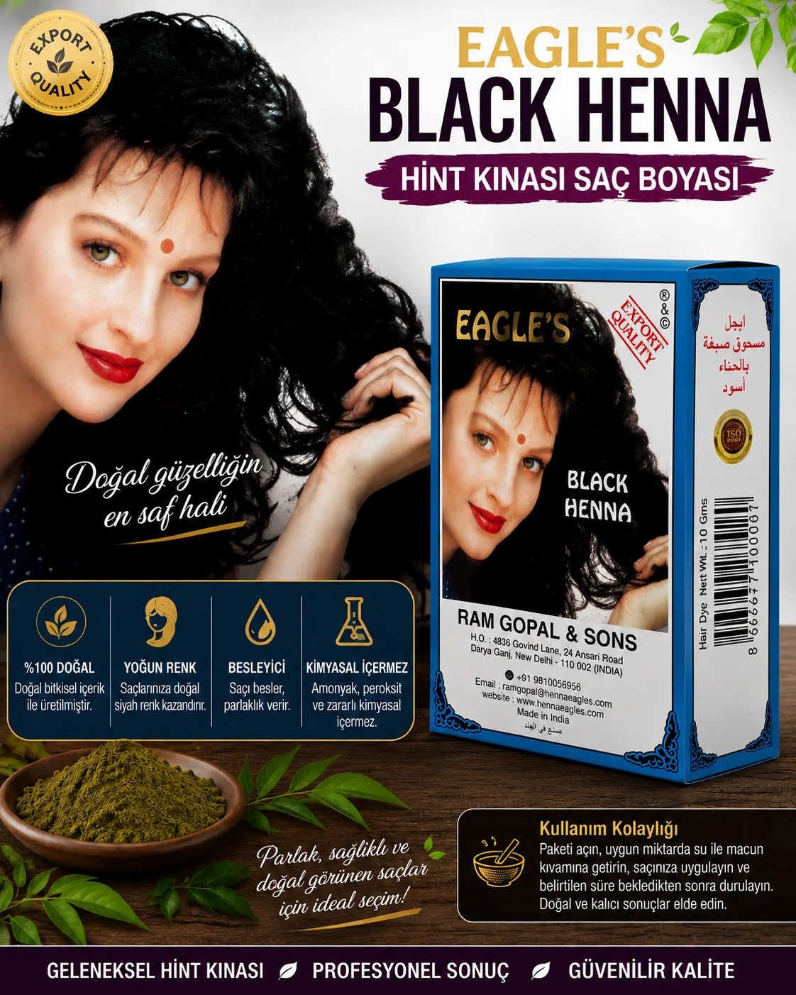 Black Henna Hint Kınası Saç Boyası Siyah Renk 6'lı Kutu - Doğal Görünümlü Kalıcı Saç Boyası