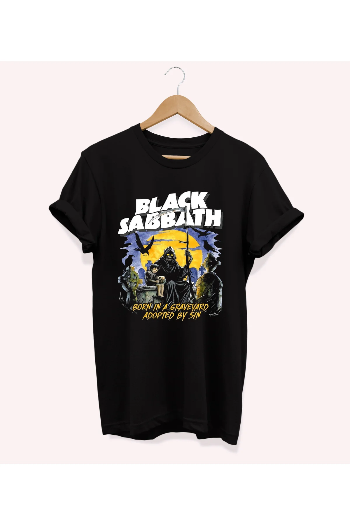, Black Sabbath Baskılı, %100 Pamuk, Bisiklet Yaka, Oversize T-shirt, Büyük Beden Tişört