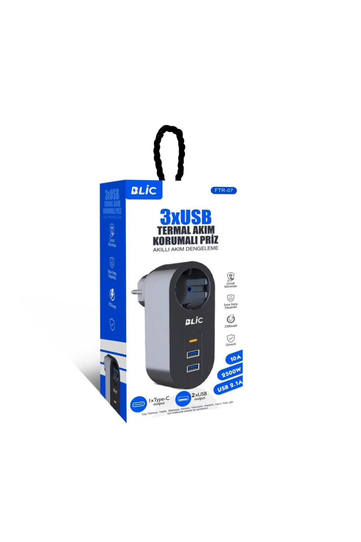 Blic Termal Akım Korumalı, Isıya Dayanıklı Tekli Priz 2xUSB 1xTyp