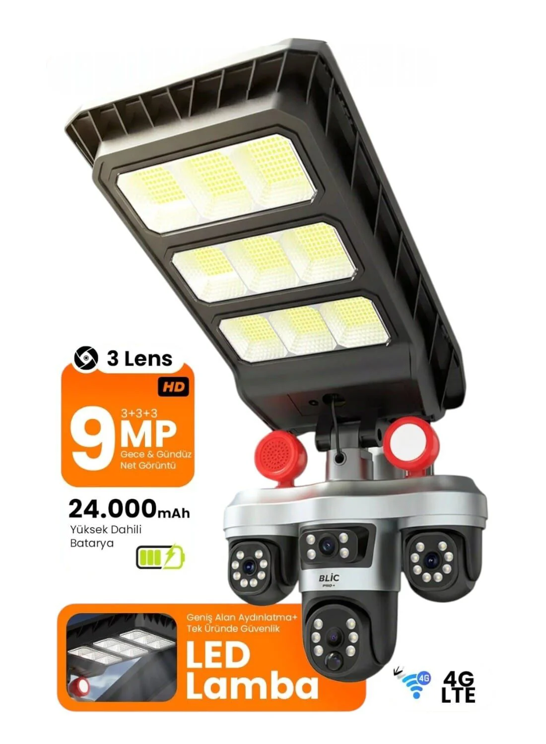 BLM-102   Blic 13W Solar Sarjlı Led Sokak Lambalı 3+3+3MP IP Kamera