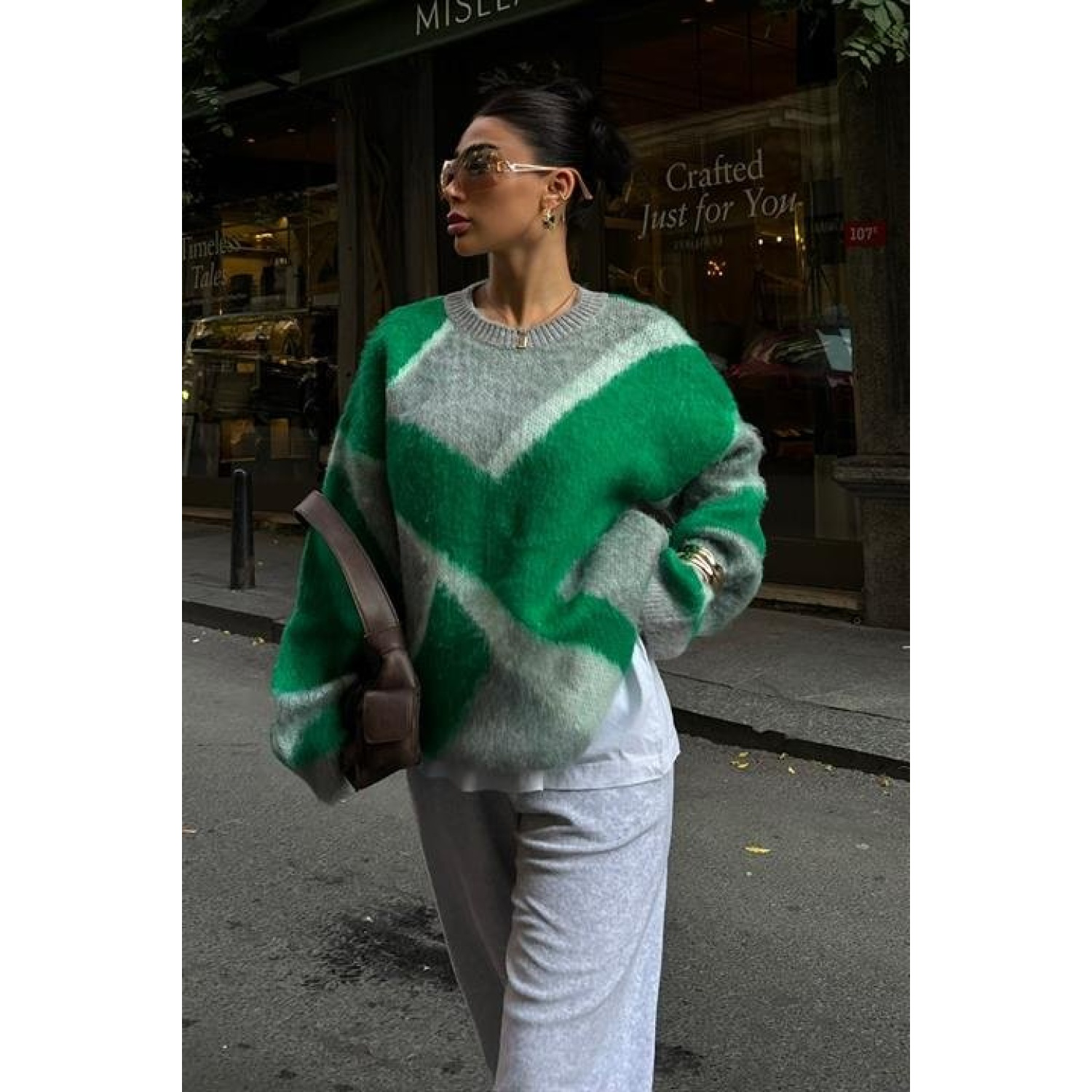 Blok Desen Neon Lucky Life Kadın Triko Kazak