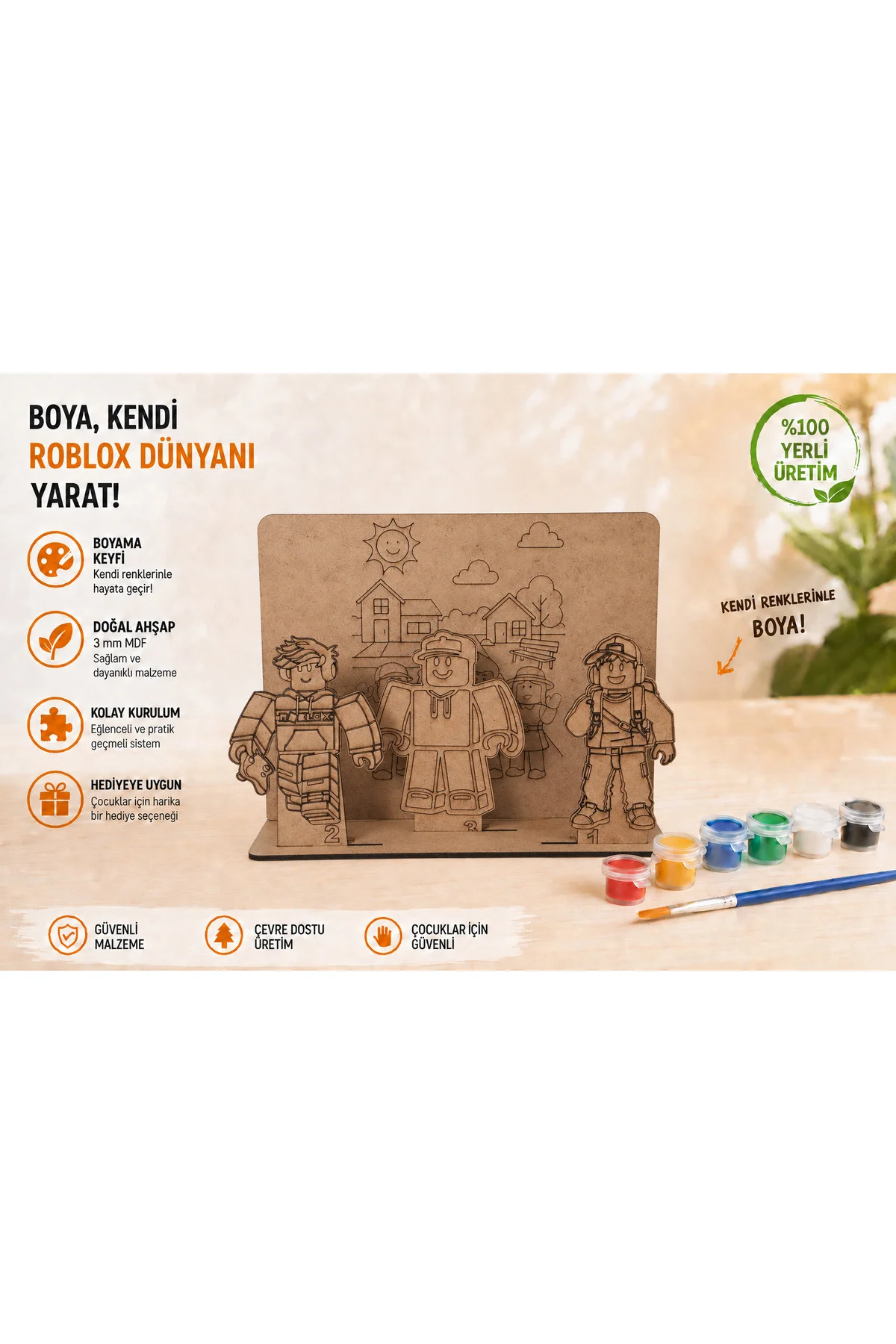 Blok Karakterler Temalı Ahşap Boyama Seti – 3D Geçmeli MDF Dekor, 6 Renk Boya ve Fırça Dahil