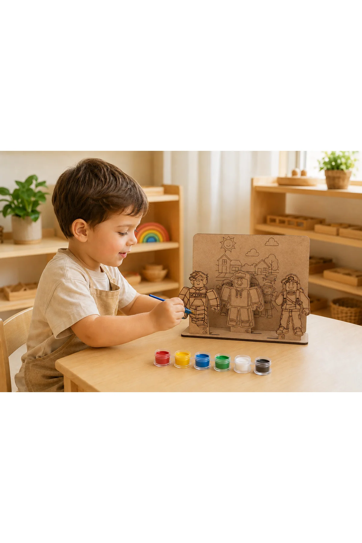 Blok Karakterler Temalı Ahşap Boyama Seti – 3D Geçmeli MDF Dekor, 6 Renk Boya ve Fırça Dahil