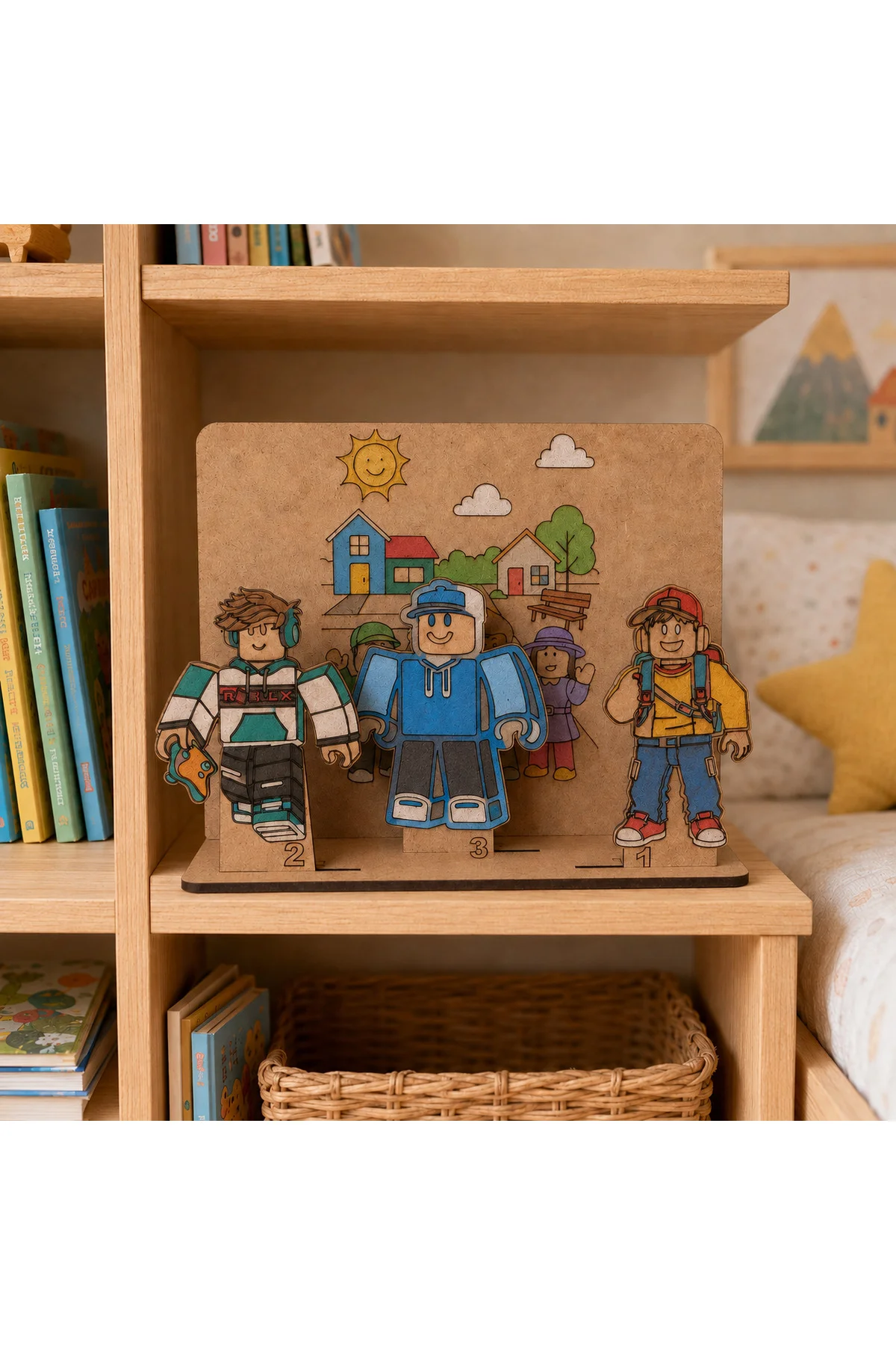 Blok Karakterler Temalı Ahşap Boyama Seti – 3D Geçmeli MDF Dekor, 6 Renk Boya ve Fırça Dahil