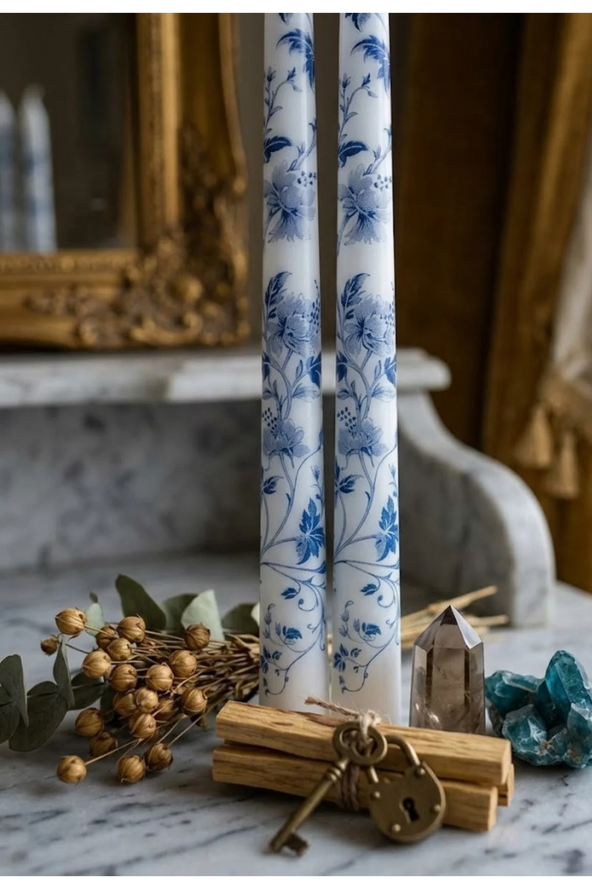 Blue Blanc Mandarin Duck Desenli Dekoratif 2'li Mum