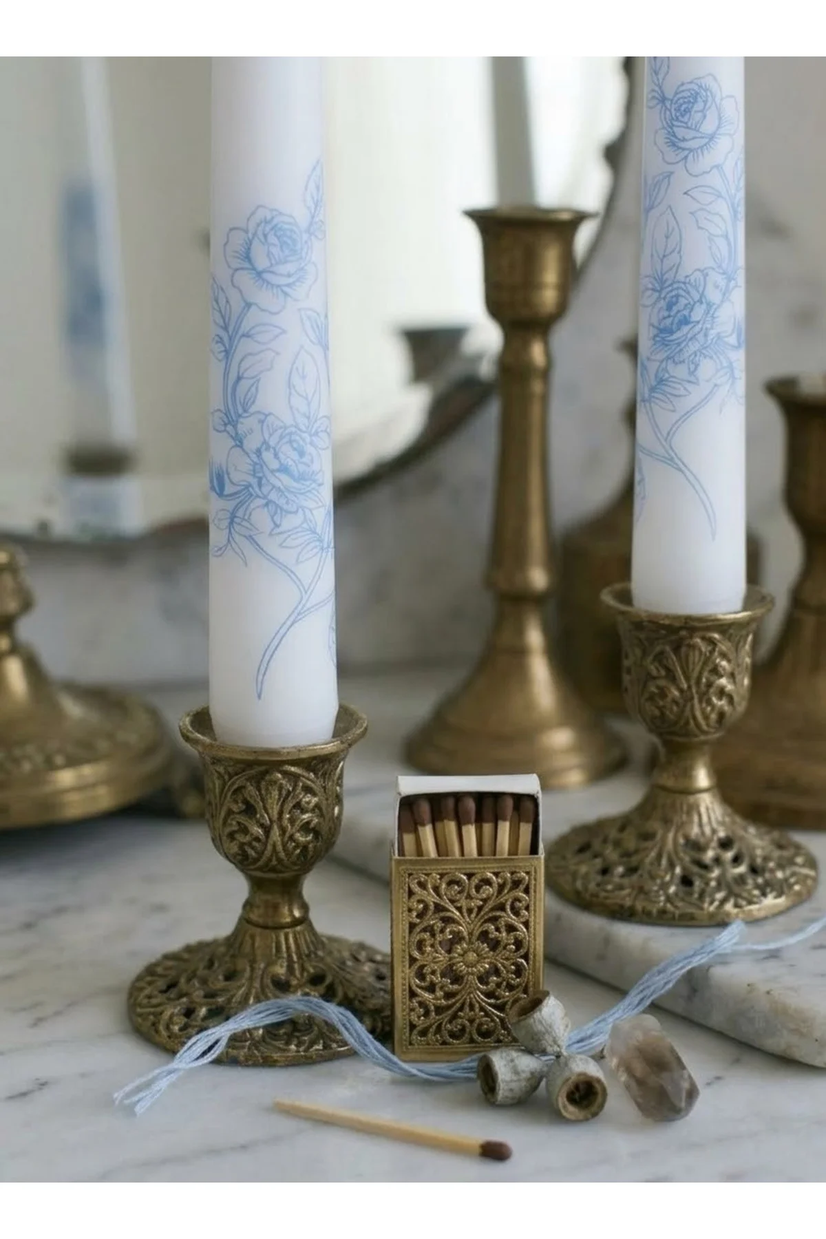 Blue Blanc Rose Desenli 2'li Şamdan Mumu