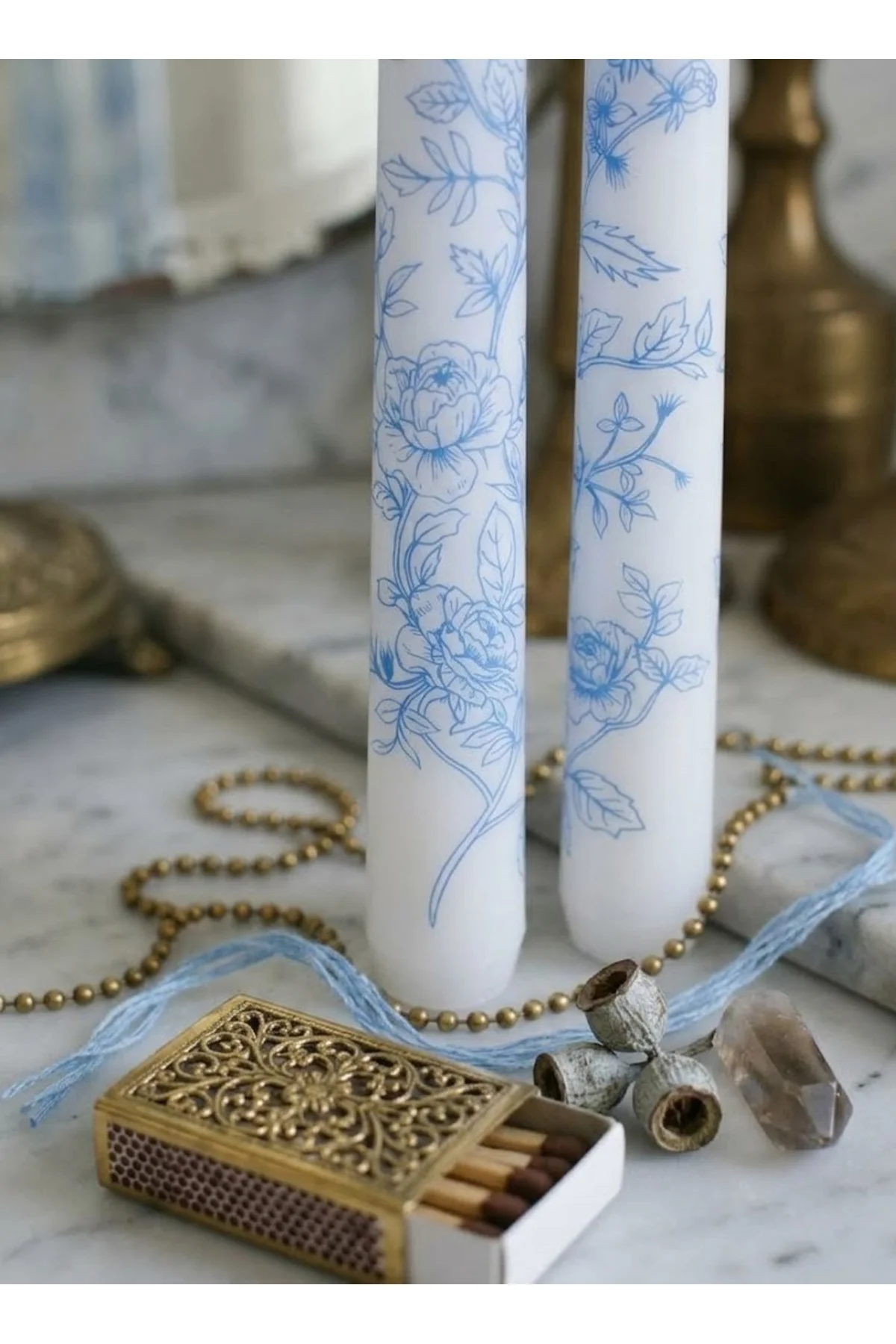 Blue Blanc Rose Desenli 2'li Şamdan Mumu