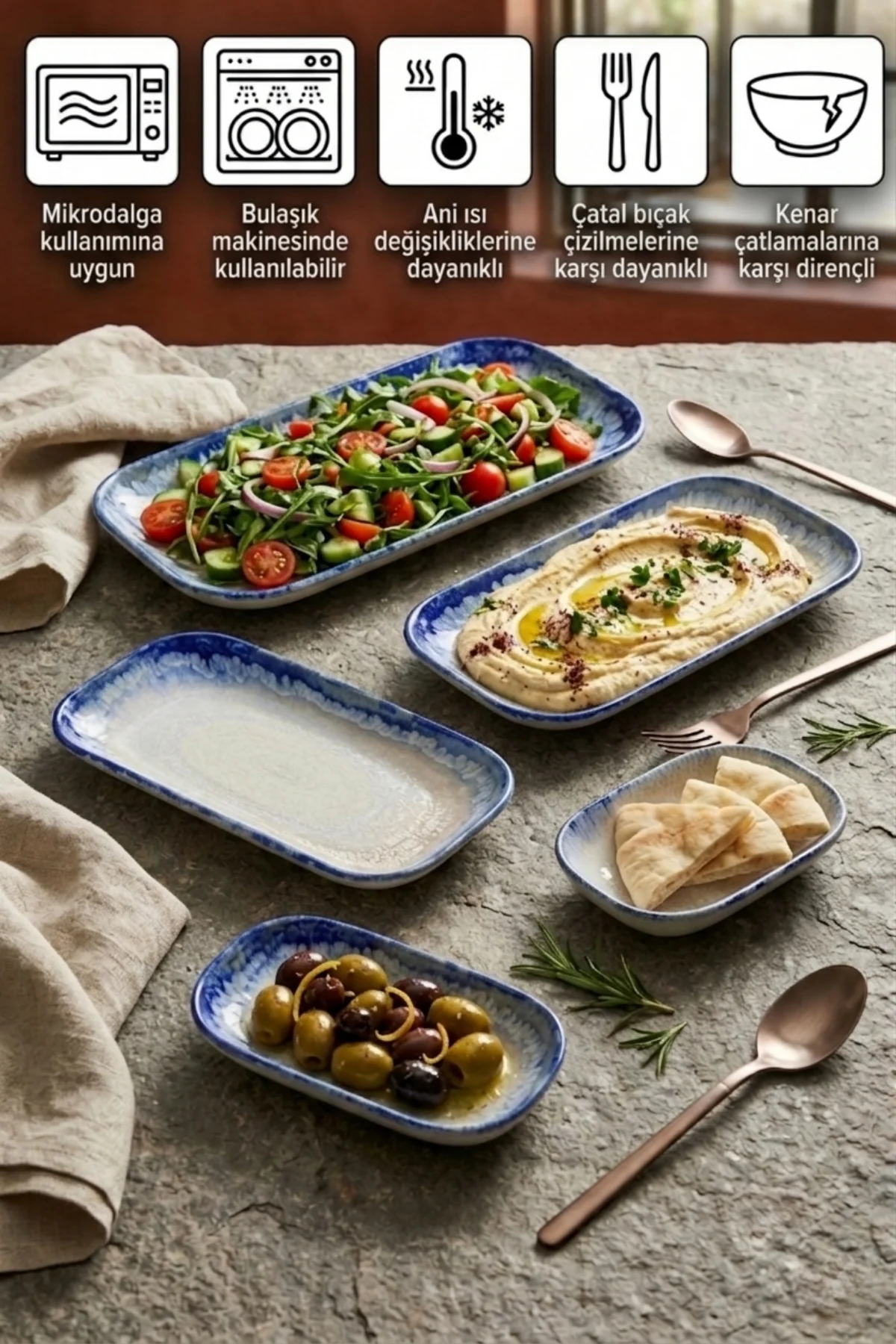 Blue Lagoon Desenli Meze Kayık Tabak Seti 28-25-20-16-11cm 5 Parç