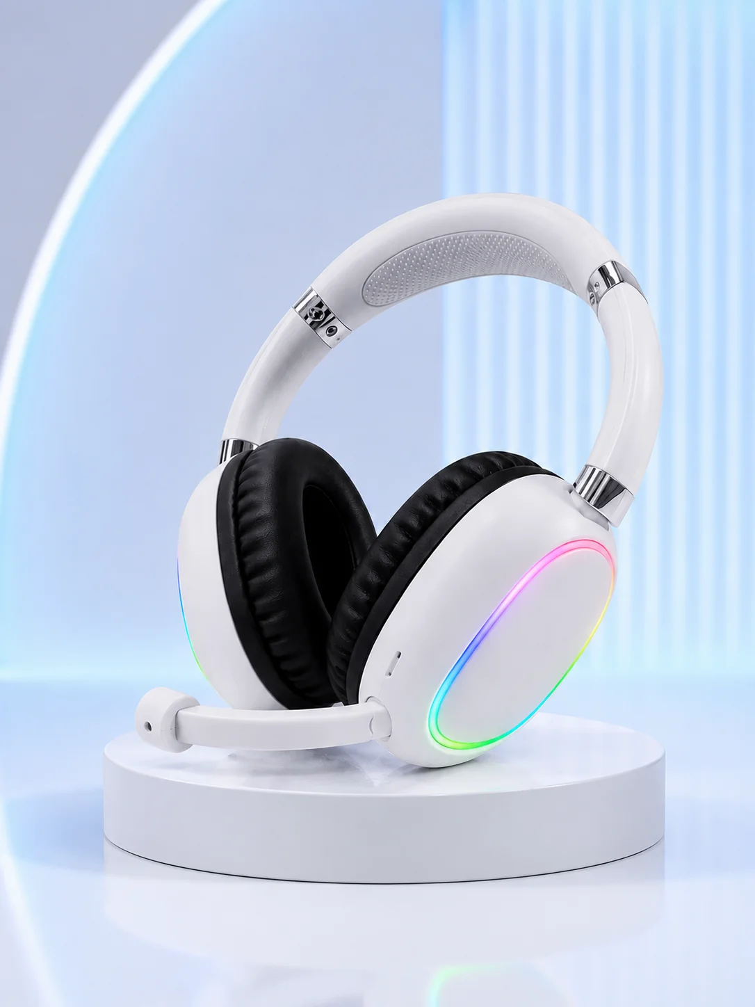 Bluetooth 5.0 Beyaz Kulak Üstü Kablosuz Kulaklık Mikrofonlu RGB Aydınlatmalı
