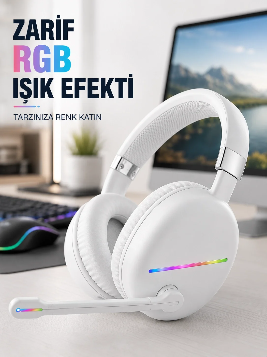 Bluetooth 5.0 Beyaz Kulak Üstü Kablosuz Kulaklık Mikrofonlu RGB Aydınlatmalı Bluetooth 5.0 Beyaz Kulak Üstü Kablosuz Kulaklık Mikrofonlu RGB Aydınlatmalı