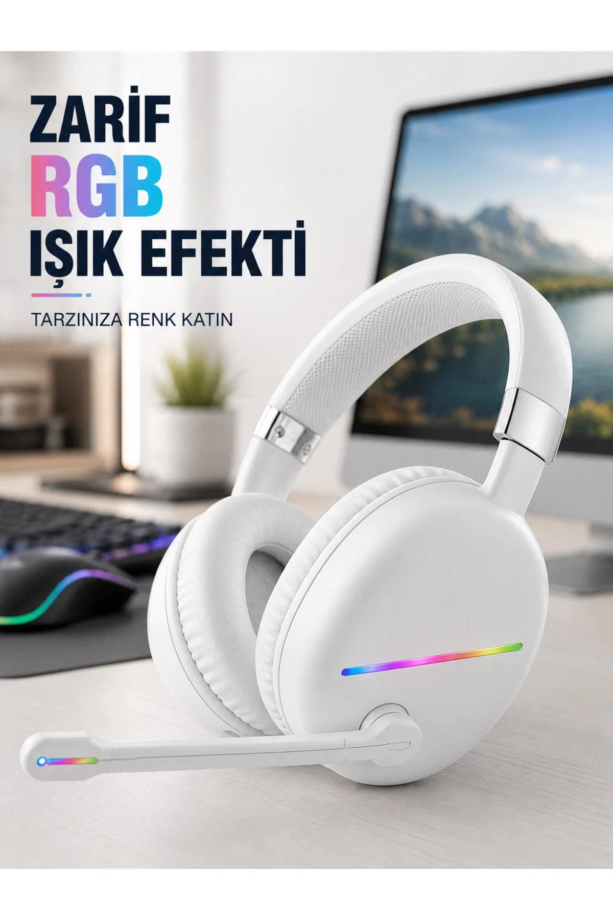 Bluetooth 5.0 Beyaz Kulak Üstü Kablosuz Kulaklık Mikrofonlu RGB Aydınlatmalı Bluetooth 5.0 Beyaz Kulak Üstü Kablosuz Kulaklık Mikrofonlu RGB Aydınlatmalı