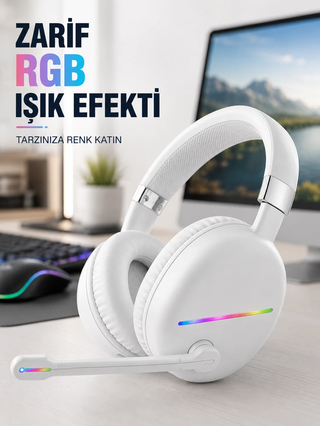 Bluetooth 5.0 Beyaz Kulak Üstü Kablosuz Kulaklık Mikrofonlu RGB Aydınlatmalı Bluetooth 5.0 Beyaz Kulak Üstü Kablosuz Kulaklık Mikrofonlu RGB Aydınlatmalı