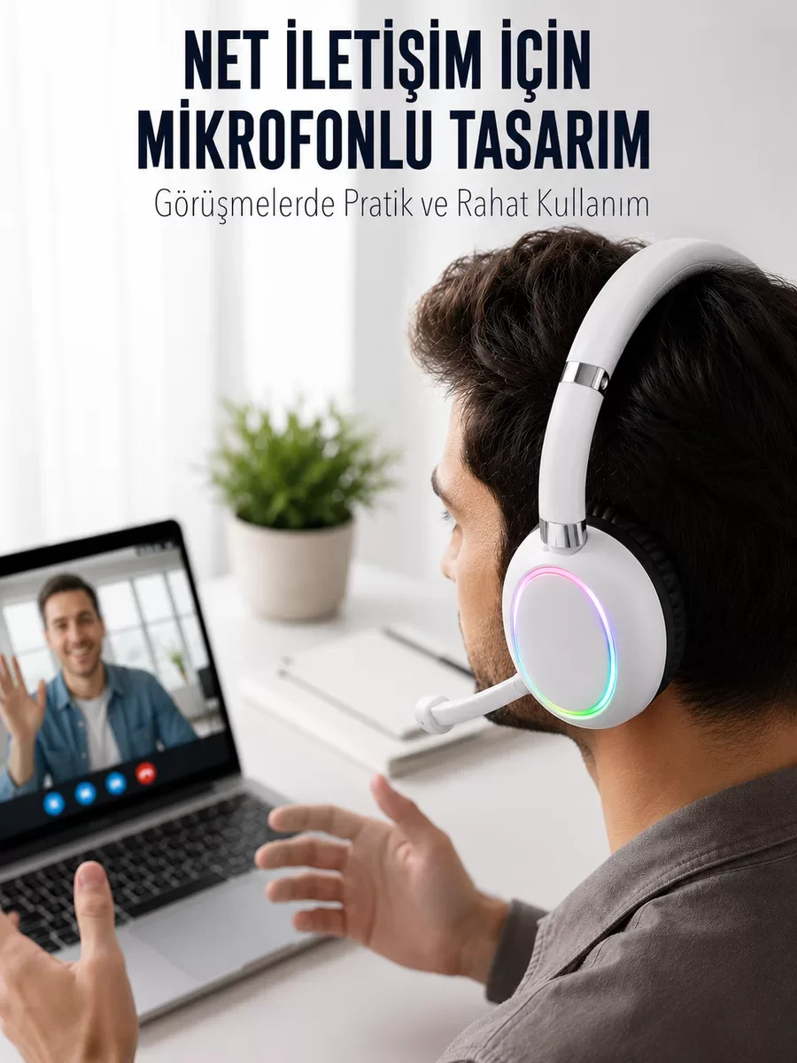 Bluetooth 5.0 Beyaz Kulak Üstü Kablosuz Kulaklık Mikrofonlu RGB A