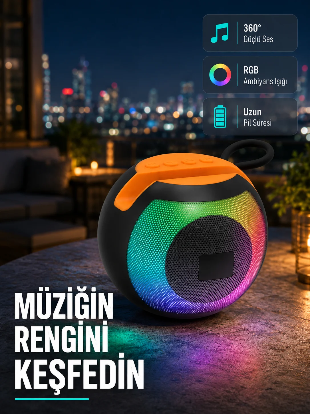 Bluetooth 5.0 Hoparlör – RGB Işıklı, Güçlü Bas ve 360° Surround Ses