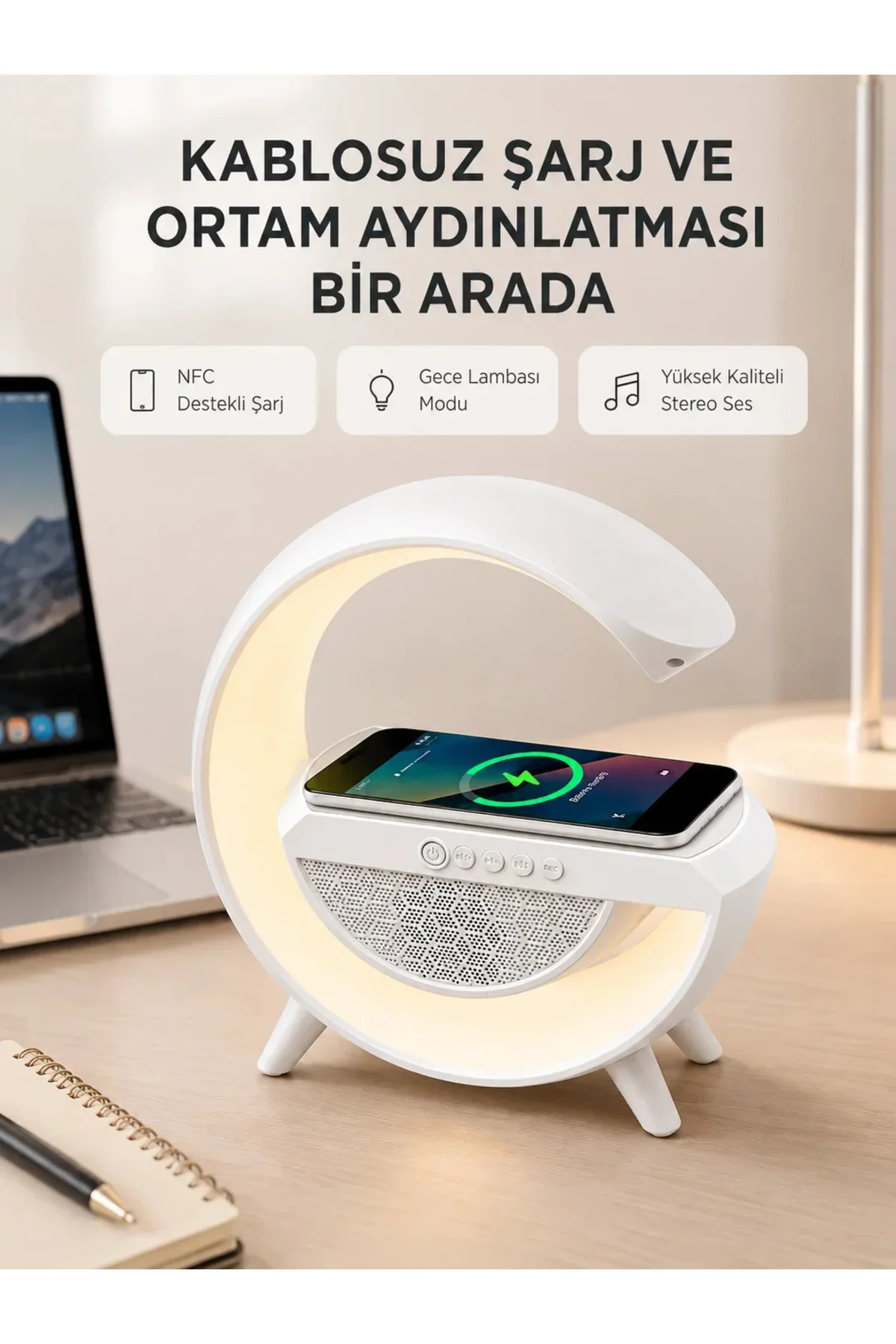 Bluetooth 5.0 Hoparlör – Kablosuz Şarj, RGB Gece Lambası ve FM Radyo Bluetooth 5.0 Hoparlör – Kablosuz Şarj, RGB Gece Lambası ve FM Radyo