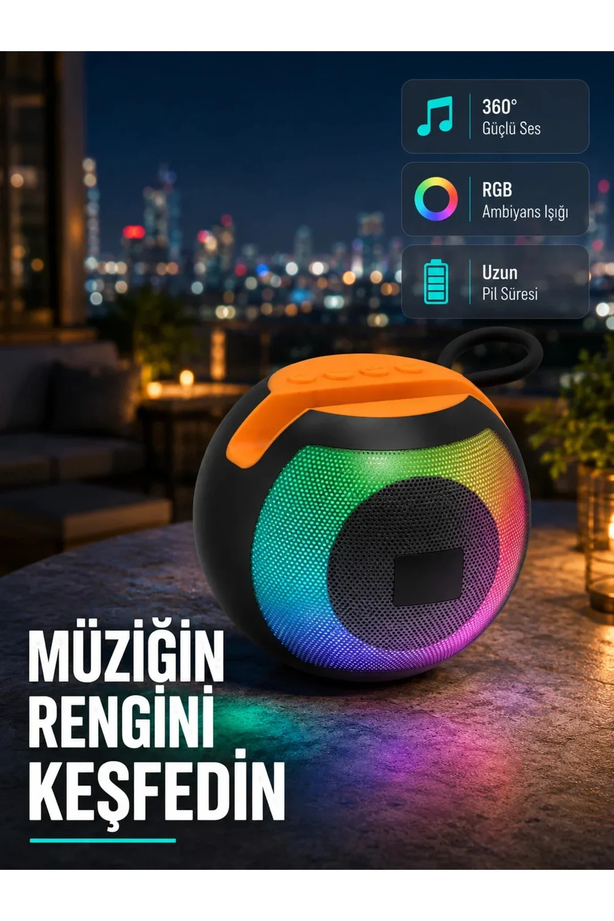 Bluetooth 5.0 Hoparlör – RGB Işıklı, Güçlü Bas ve 360° Surround Ses