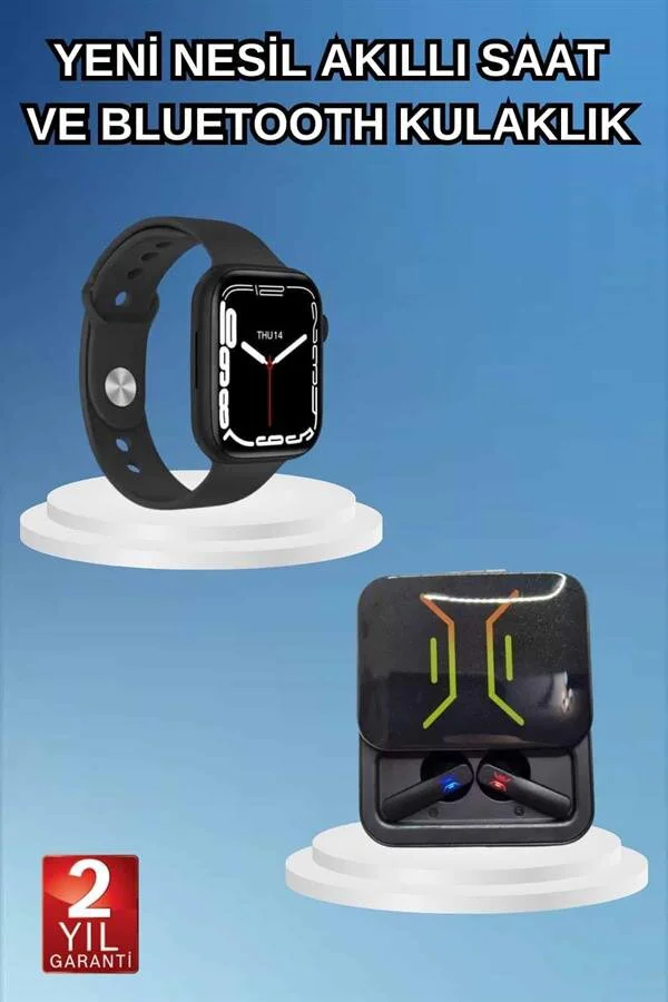 Bluetooth 5.0 Kablosuz Kulaklık & Akıllı Saat - Aktif Gürültü Engelleme, Suya Dayanıklı, 44mm Paslanmaz Çelik Kasa, Sağlık ve Spor Takibi