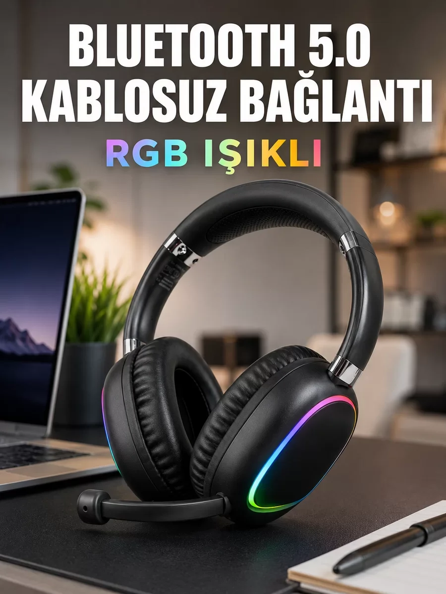 Bluetooth 5.0 Kablosuz Kulak Üstü Kulaklık Mikrofonlu RGB Aydınla