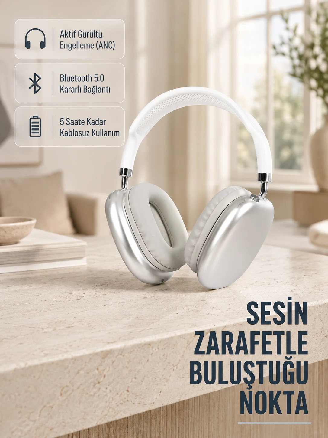 Bluetooth 5.0 Kulak Üstü Kulaklık – Uzamsal Ses, Gürültü Engelleme, Ergonomik Tasarım