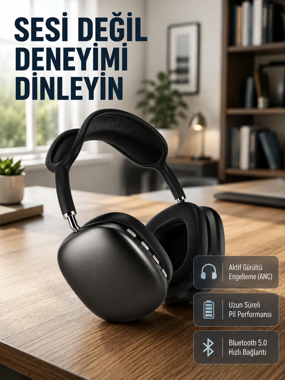 Bluetooth 5.0 Kulak Üstü Kulaklık – Gürültü Engelleme, Uzamsal Ses, Hızlı Şarj