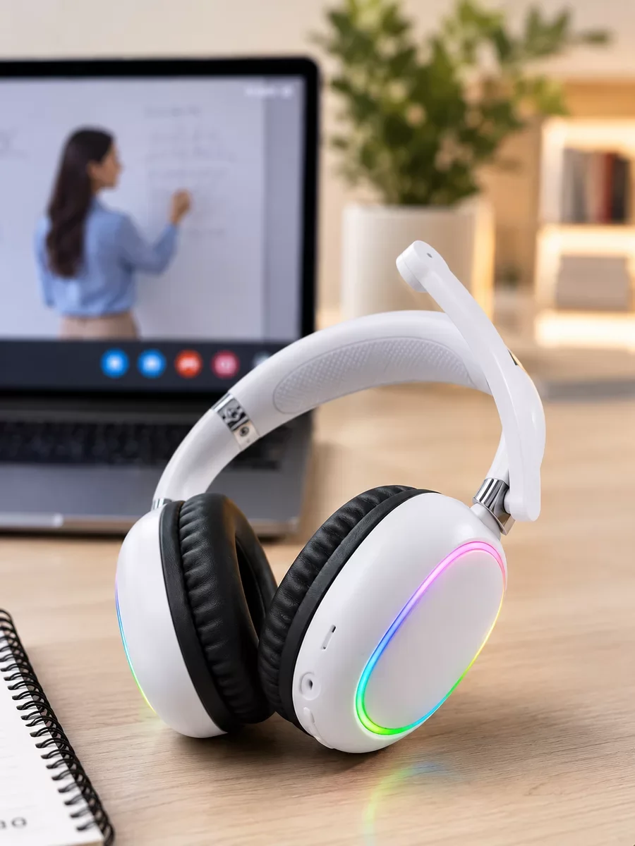 Bluetooth 5.0 RGB Aydınlatmalı Beyaz Kablosuz Kulaklık Mikrofonlu