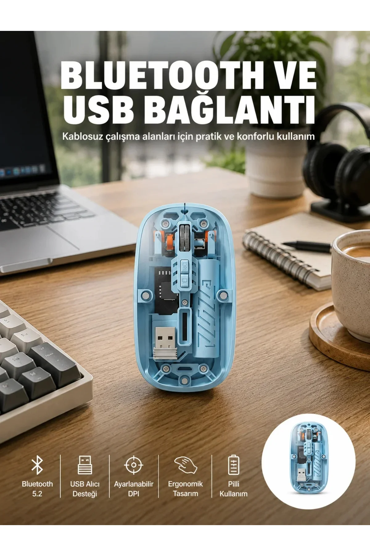 Bluetooth 5.2 Destekli Mavi Pilli Kablosuz Mouse Yeni Nesil Bluetooth 5.2 Destekli Mavi Pilli Kablosuz Mouse Yeni Nesil