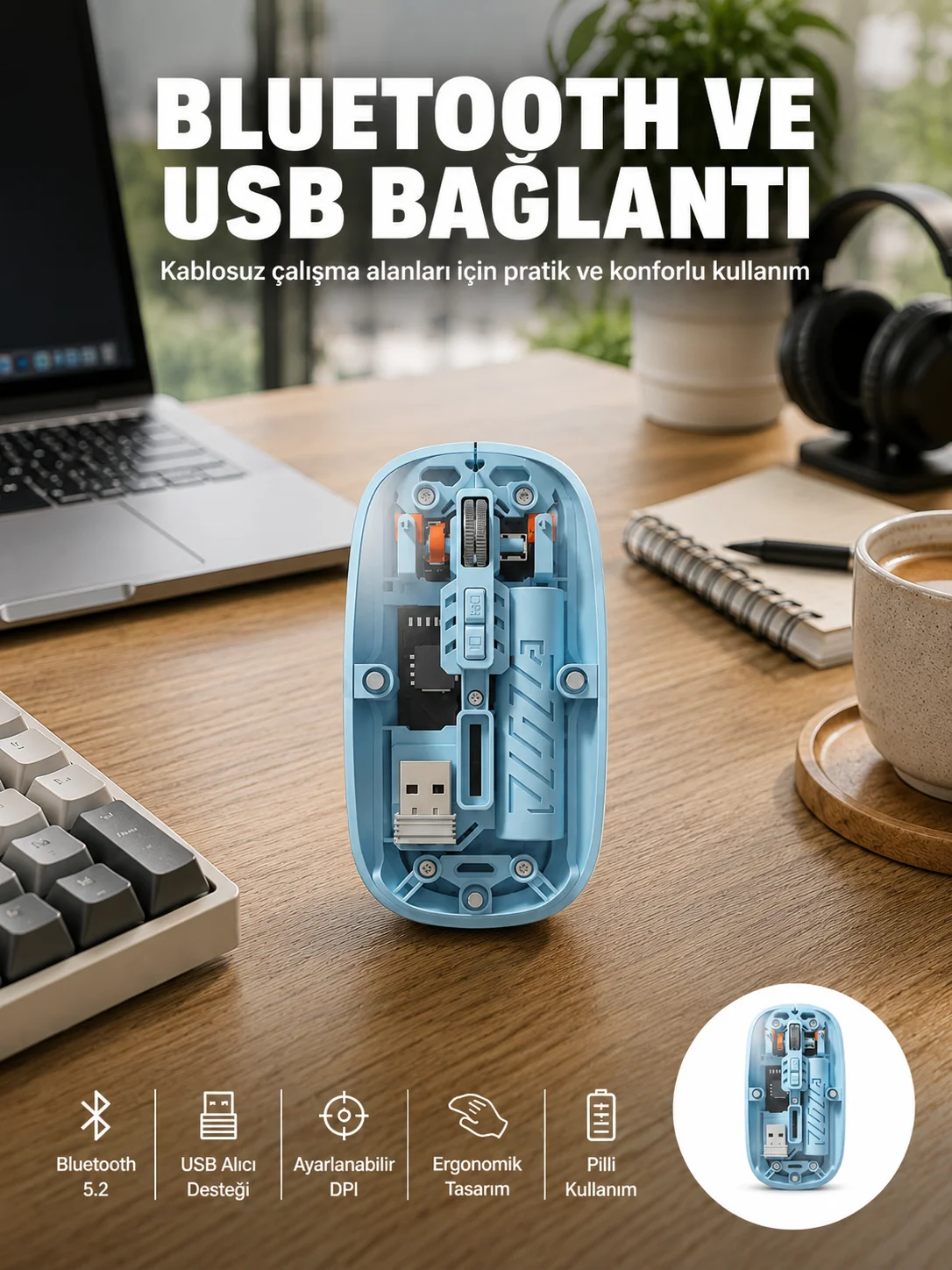 Bluetooth 5.2 Destekli Mavi Pilli Kablosuz Mouse Yeni Nesil Fiyatı, Yorumları ve Özellikleri