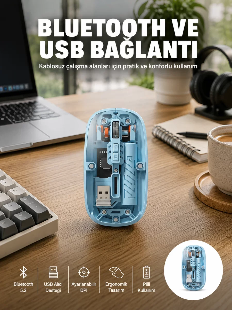 Bluetooth 5.2 Destekli Mavi Pilli Kablosuz Mouse – Yeni Nesil Ergonomik Çözüm