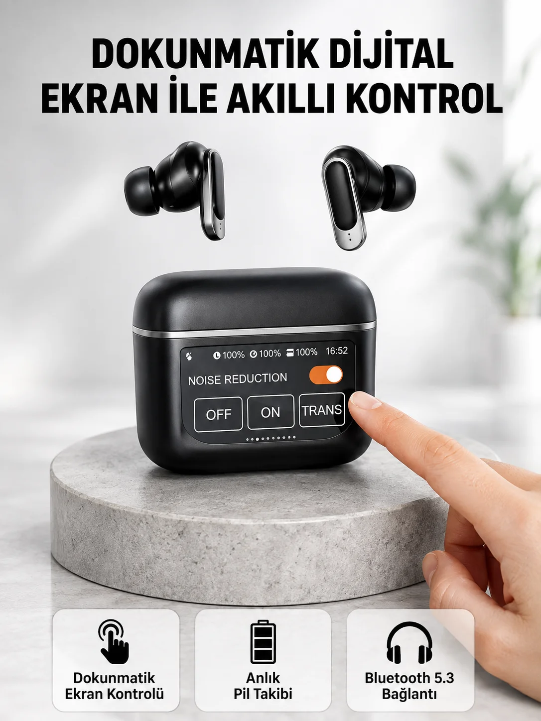 Bluetooth 5.3 ANC Kablosuz Kulaklık – Dokunmatik Kontrol, Dijital Ekran ve Uzun Pil Ömrü
