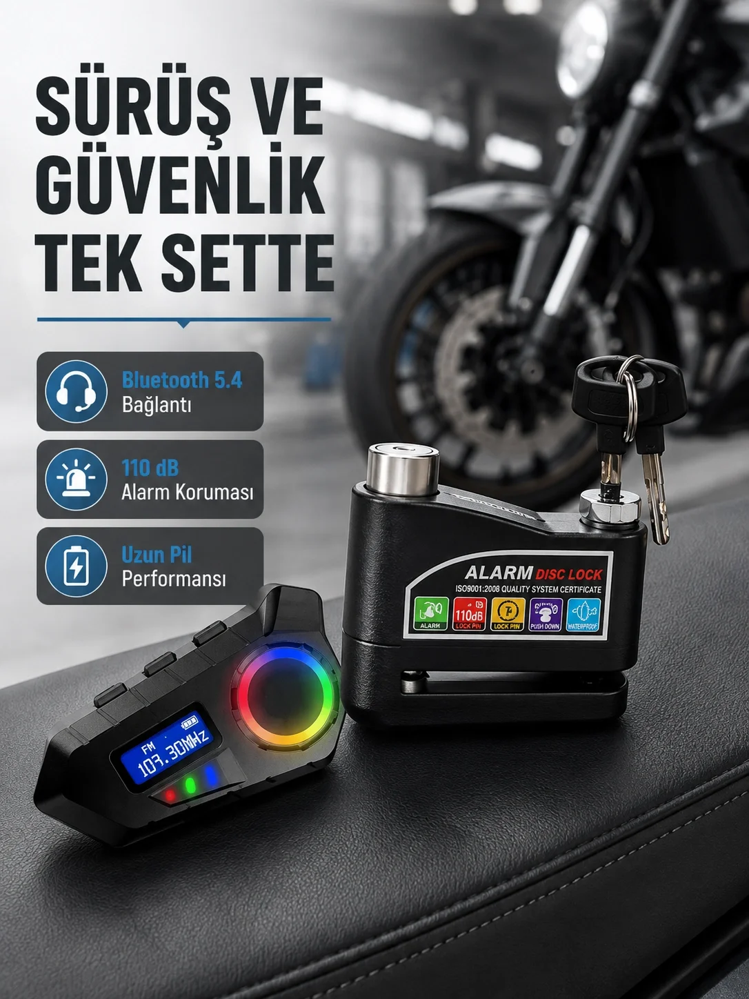 Bluetooth 5.4 İntercom ve Alarmlı Disk Kilidi Seti Güçlü Ses ve Güvenlik Fiyatı, Yorumları ve Özellikleri