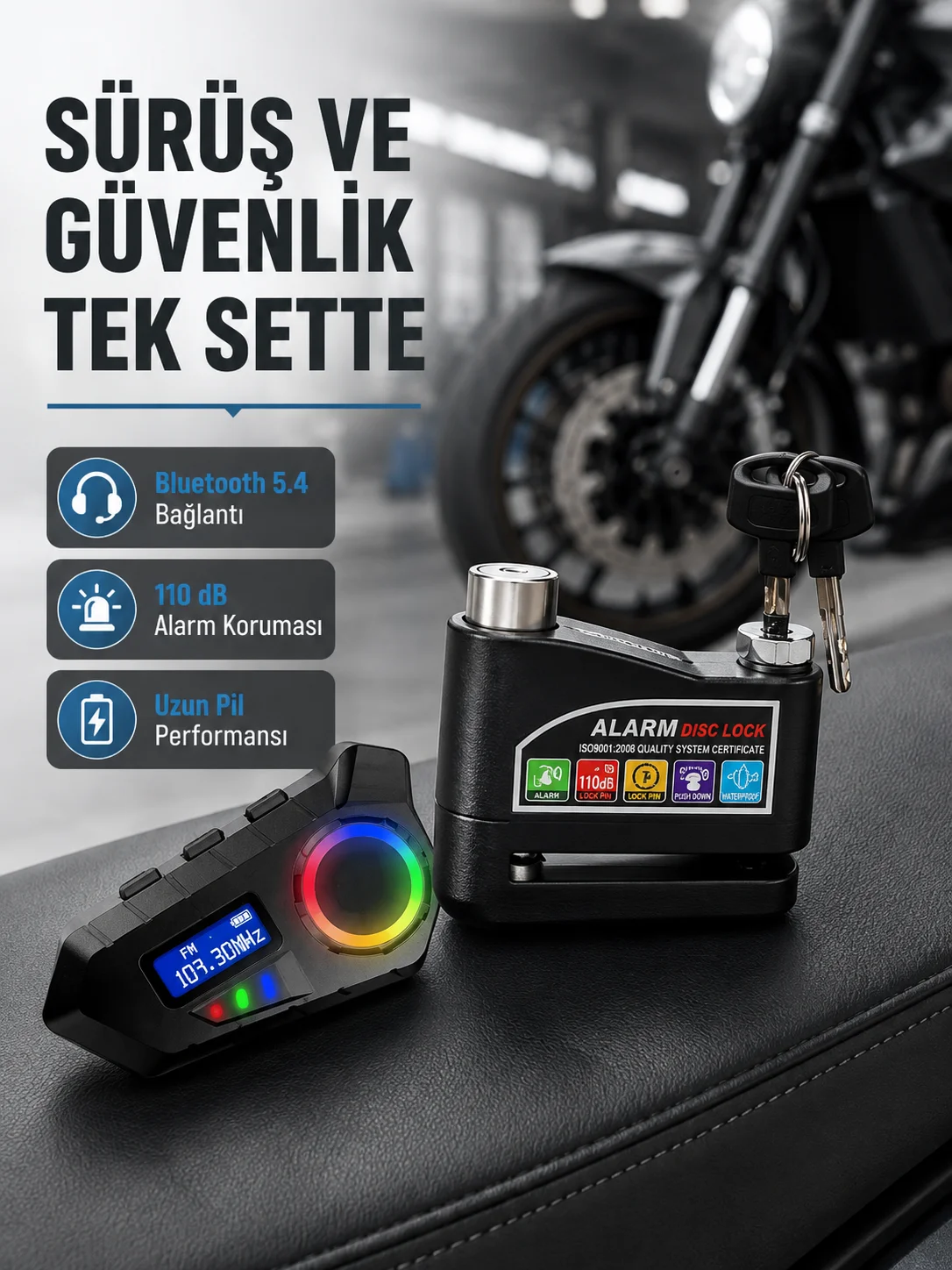 Bluetooth 5.4 İntercom ve Alarmlı Disk Kilidi Seti Güçlü Ses ve Güvenlik Fiyatı, Yorumları ve Özellikleri