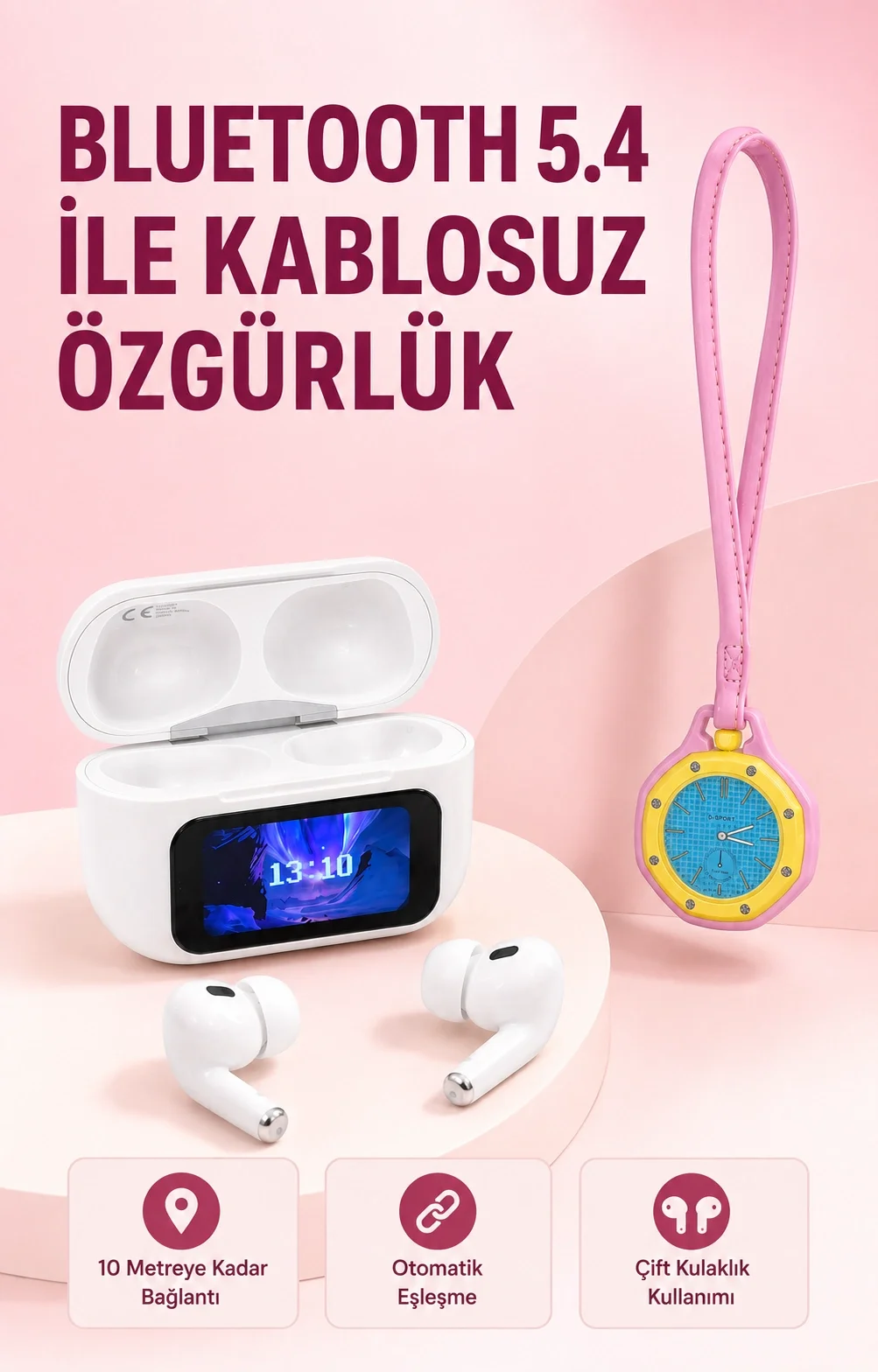 Bluetooth 5.4 Kablosuz Kulaklık Pembe Askılı Analog Charm Saat İkili Set