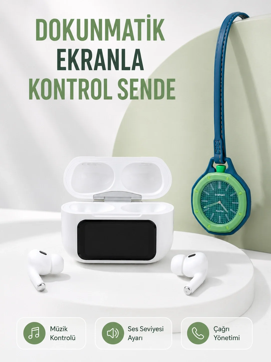 Bluetooth 5.4 Kablosuz Kulaklık Yeşil Askılı Analog Charm Saat İkili Set