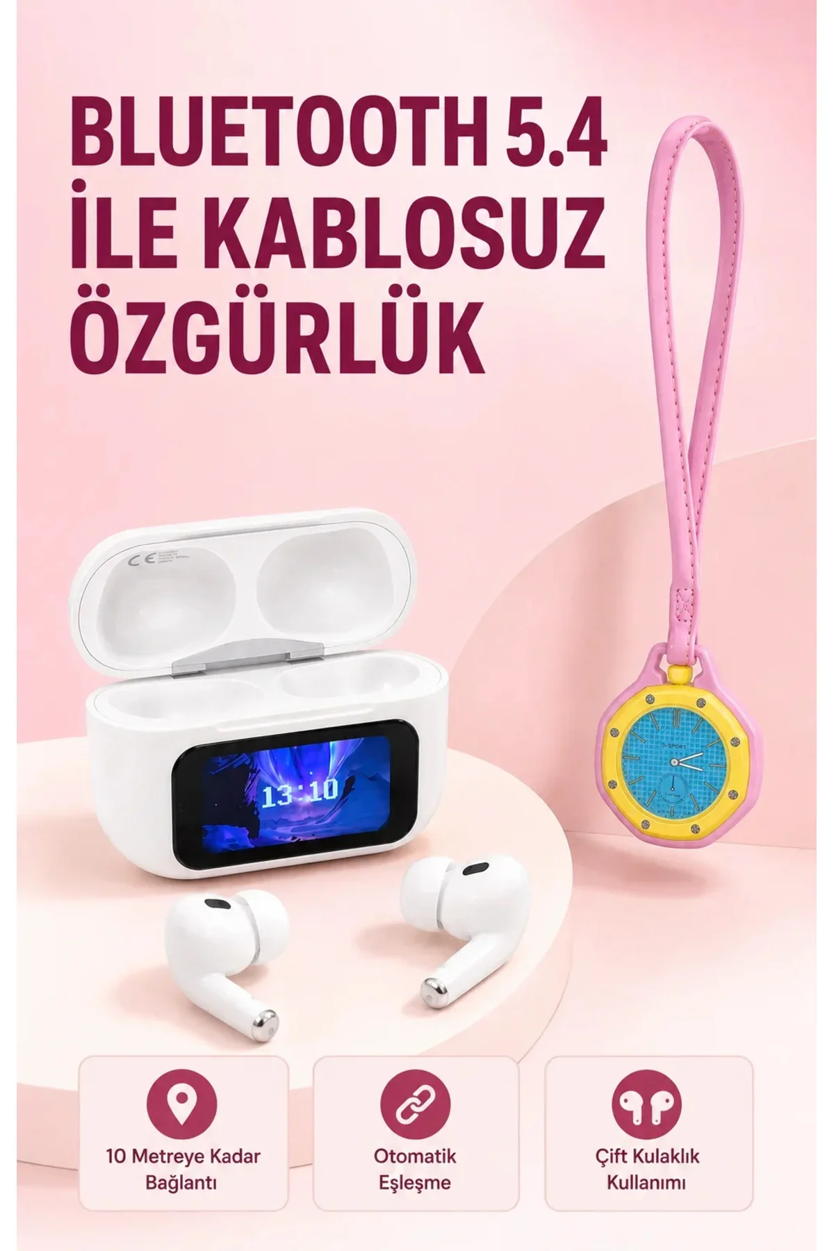 Bluetooth 5.4 Kablosuz Kulaklık Pembe Askılı og Charm Saat İkili Set Bluetooth 5.4 Kablosuz Kulaklık Pembe Askılı og Charm Saat İkili Set