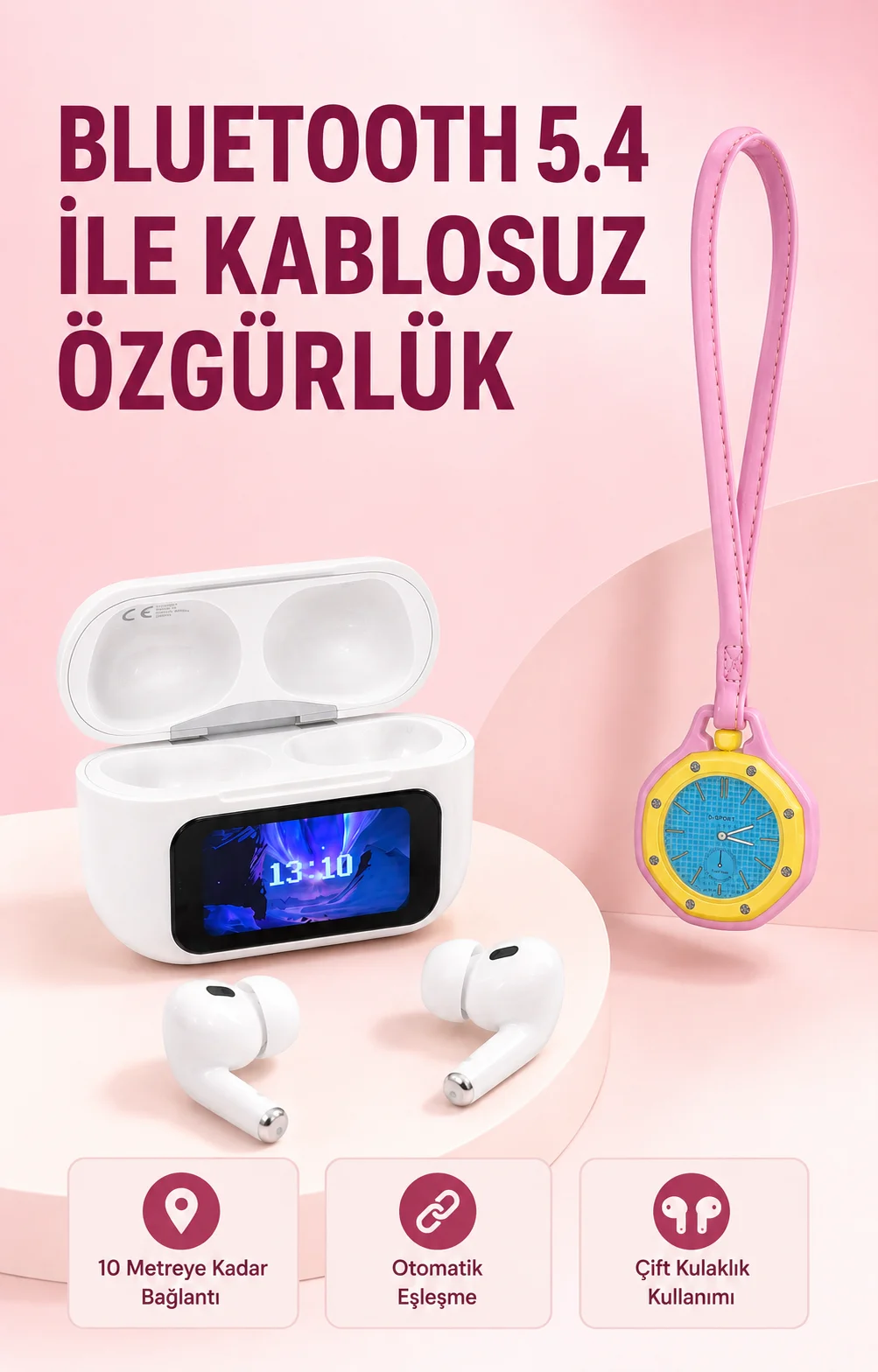 Bluetooth 5.4 Kablosuz Kulaklık Pembe Askılı Analog Charm Saat İkili Set