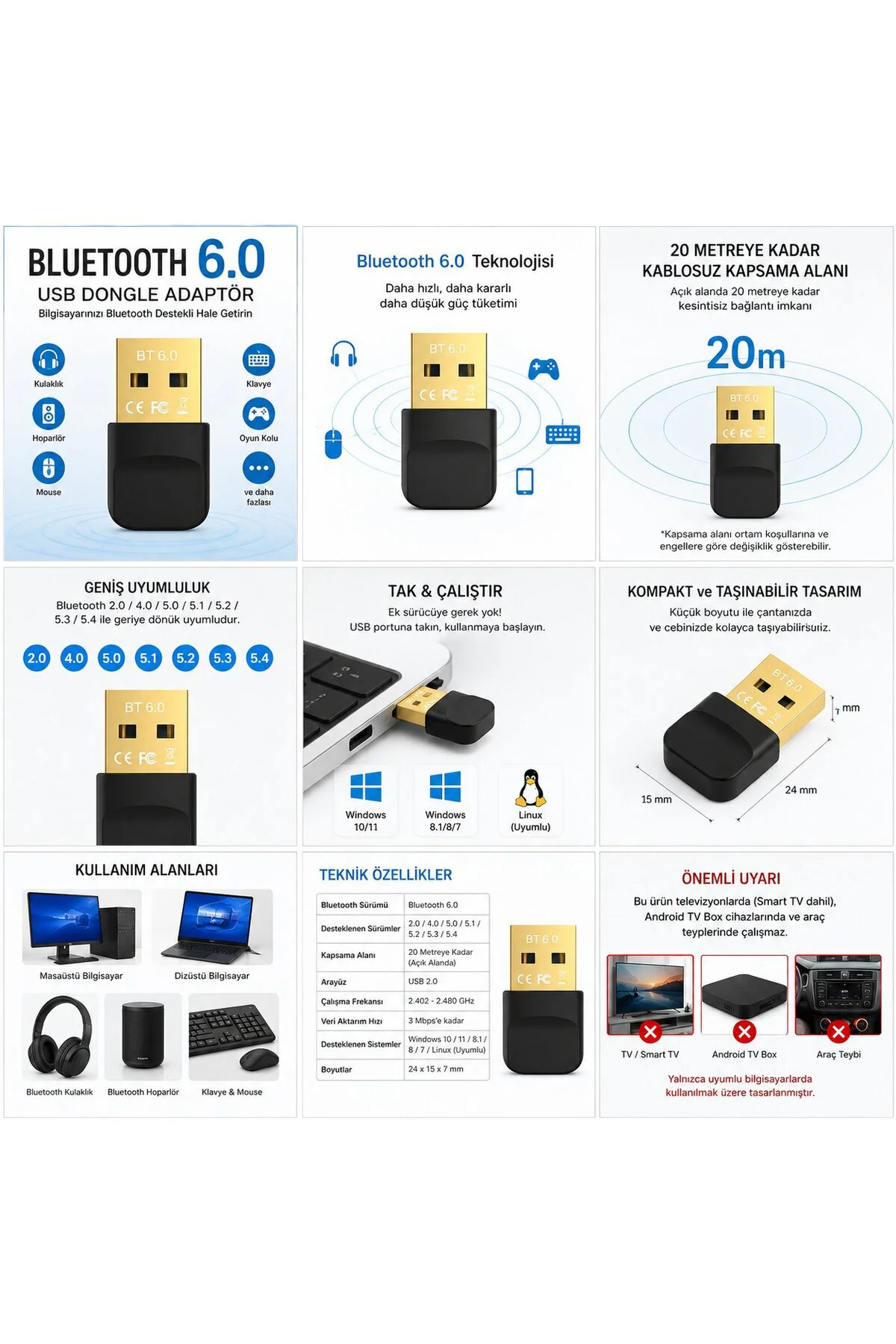 Bluetooth 6.0 USB Dongle Adaptör 20 Metre Kablosuz Alıcı Verici PC Laptop Bluetooth 6.0 USB Dongle Adaptör 20 Metre Kablosuz Alıcı Verici PC Laptop