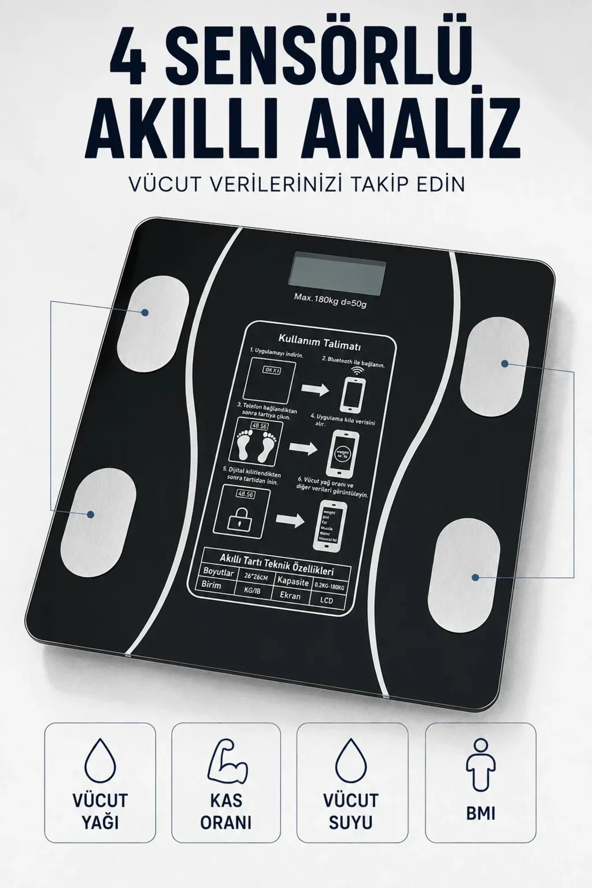 Bluetooth Akıllı Tartı 180 Kg Kapasiteli Vücut Yağ Kas Su BMI izli Cam Baskül