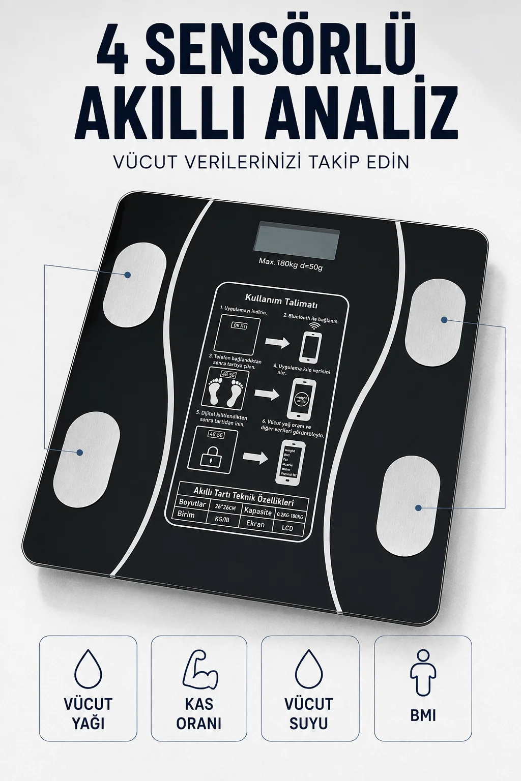 Bluetooth Akıllı Tartı 180 Kg Kapasiteli Vücut Yağ Kas Su BMI Analizli Cam Baskül Bluetooth Akıllı Tartı 180 Kg Kapasiteli Vücut Yağ Kas Su BMI Analizli Cam Baskül
