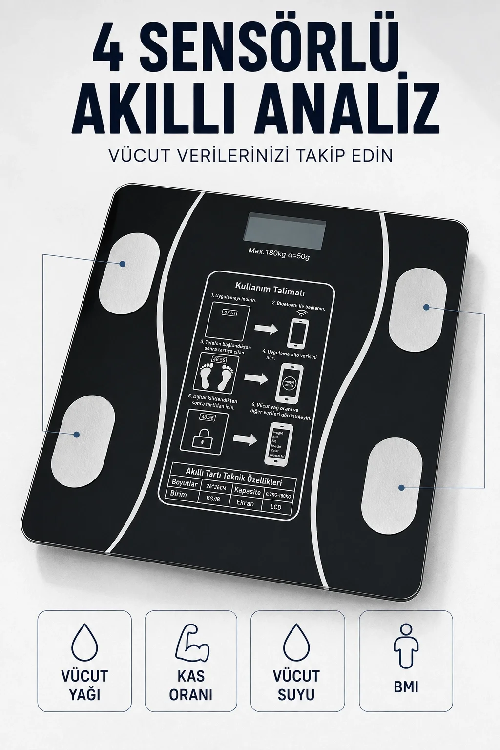 Bluetooth Akıllı Tartı 180 Kg Kapasiteli Vücut Yağ Kas Su BMI Analizli Cam Baskül