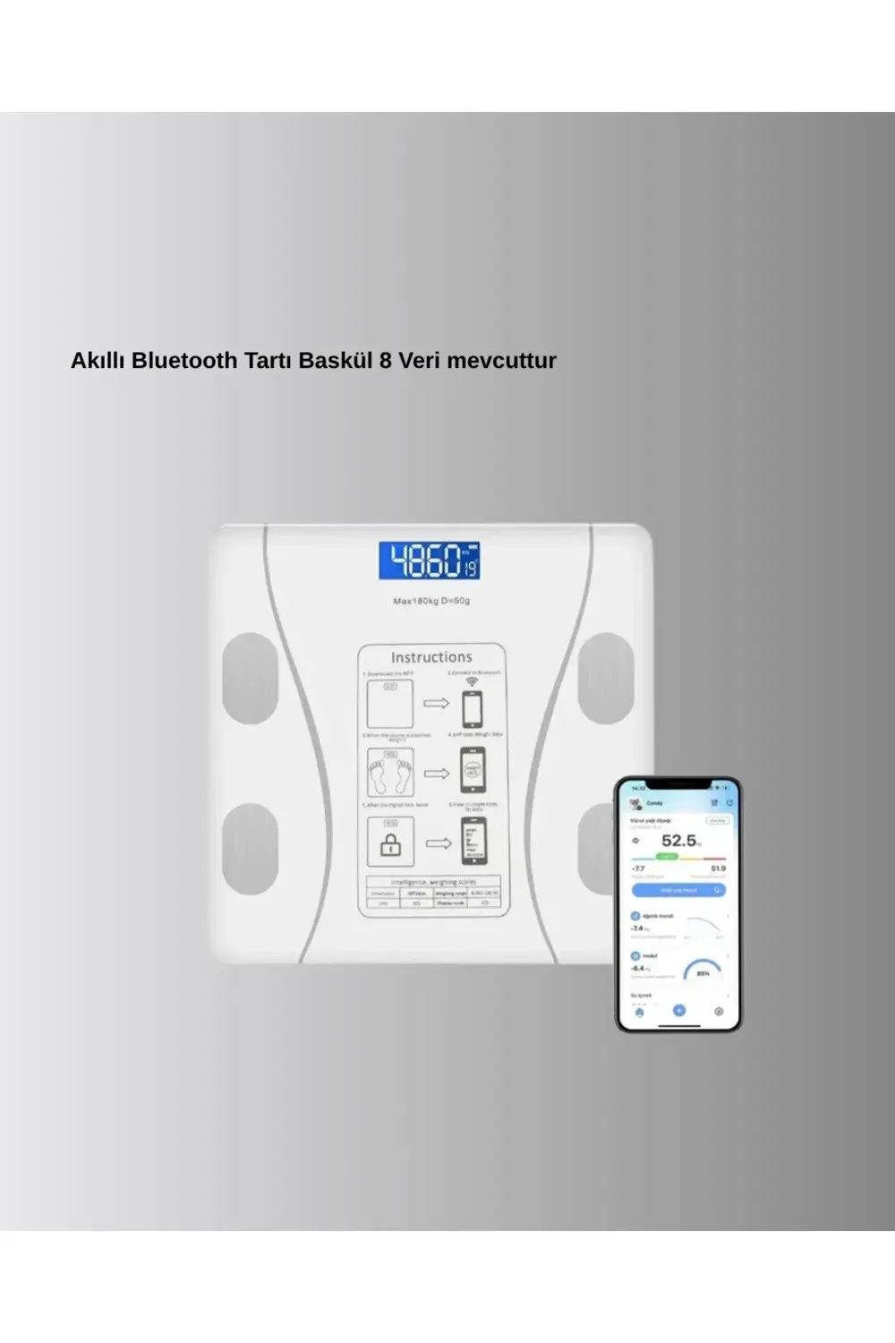 Bluetooth Akıllı Tartı – 8 Fonksiyonlu Dijital Baskül, 180 kg Kap