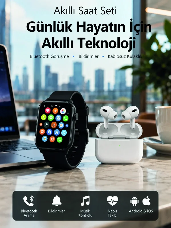 Bluetooth Arama Özellikli Akıllı Saat Seti Kablosuz Kulaklık Hediyeli, Android &amp; iOS Uyumlu