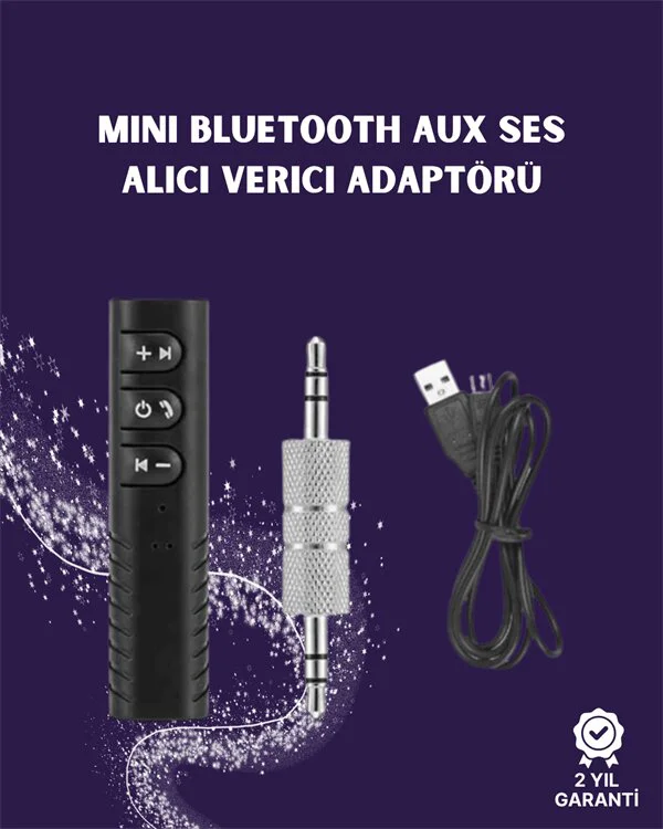 Bluetooth AUX Adaptör - 3.5mm Kablosuz Dönüştürücü 10m Menzil