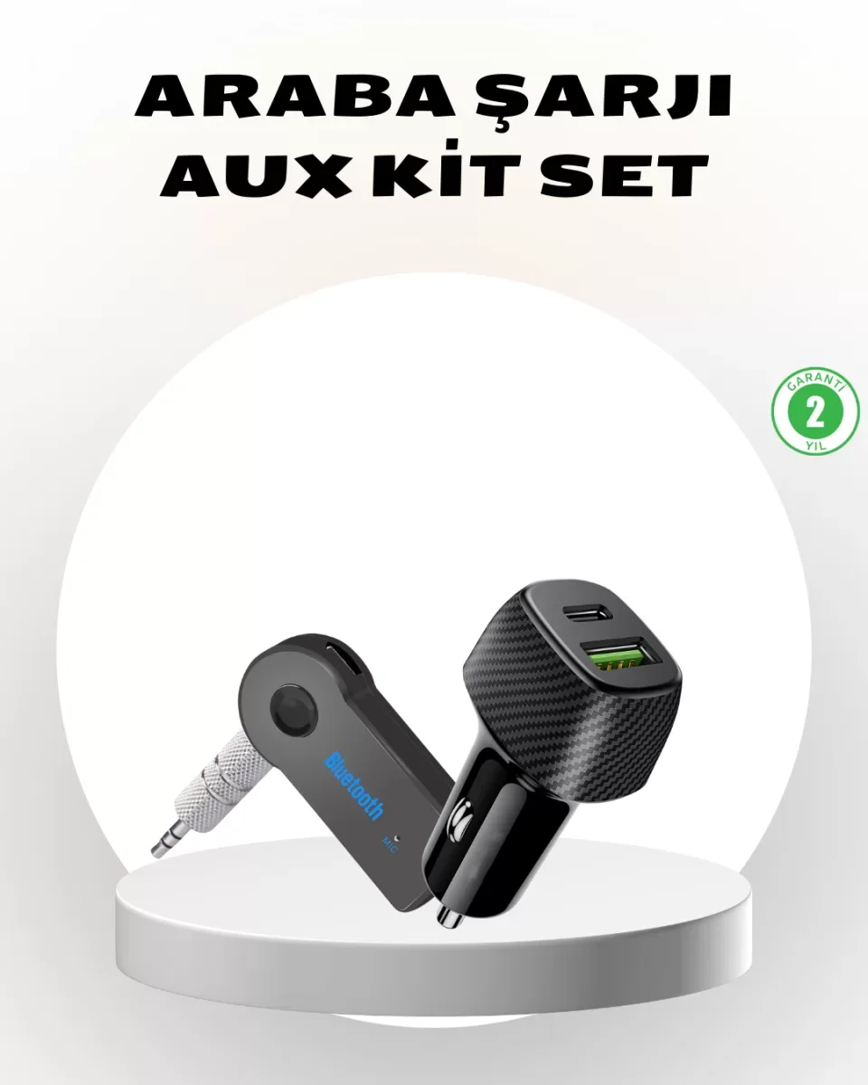 Bluetooth AUX Çevirici ve PD Destekli Araç Şarj Cihazı 2’li Set -