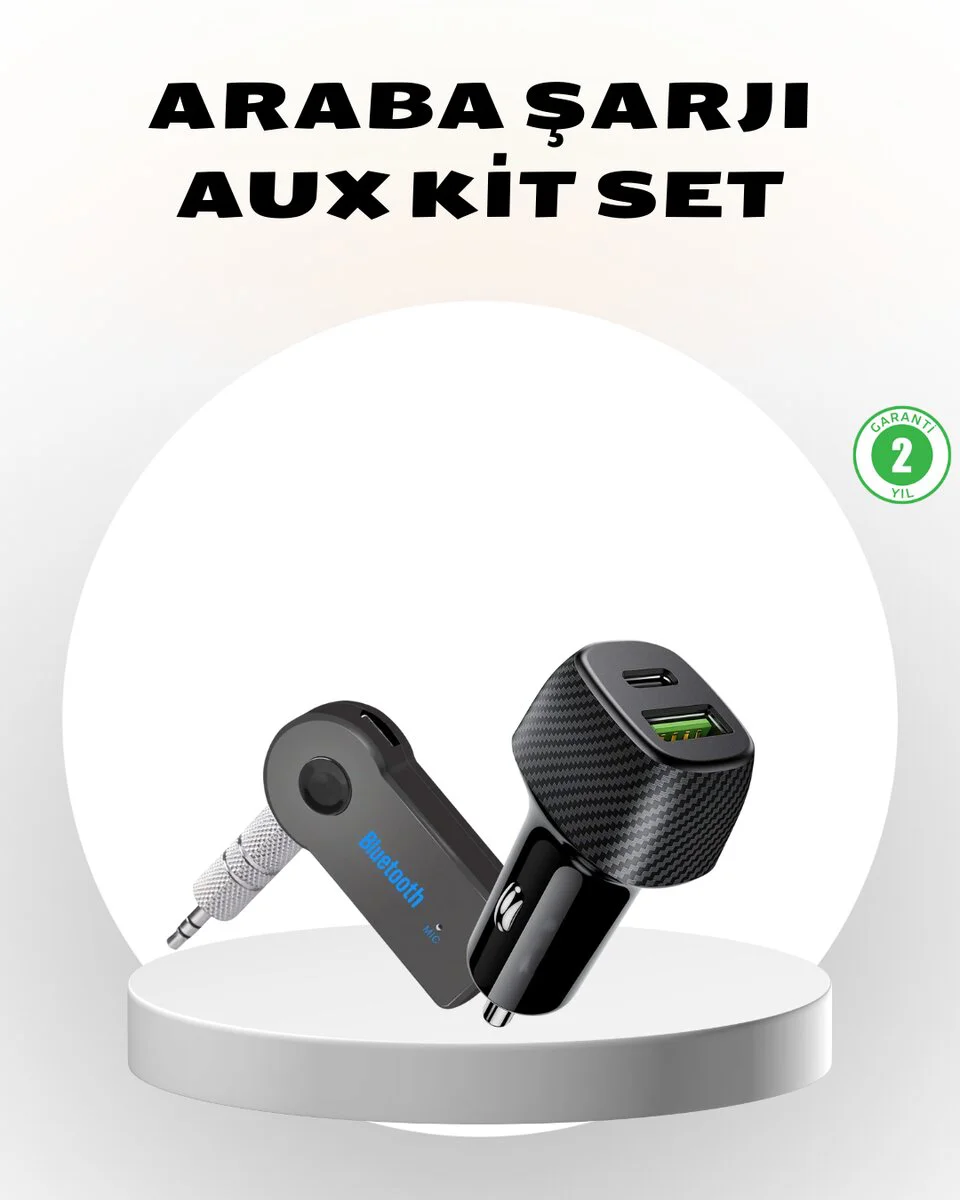 Bluetooth AUX Çevirici ve PD Destekli Araç Şarj Cihazı 2'li Set - Kablosuz Müzik ve Hızlı Şarj İçin