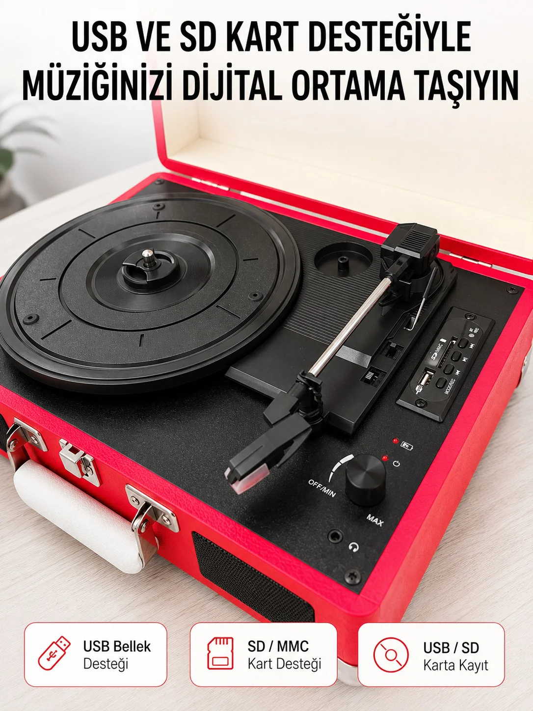 Bluetooth Bağlantılı Portatif Pikap 33 45 78 Devir Dahili Hoparlör ve Şarj Edilebilir Pil Fiyatı, Yorumları ve Özellikleri
