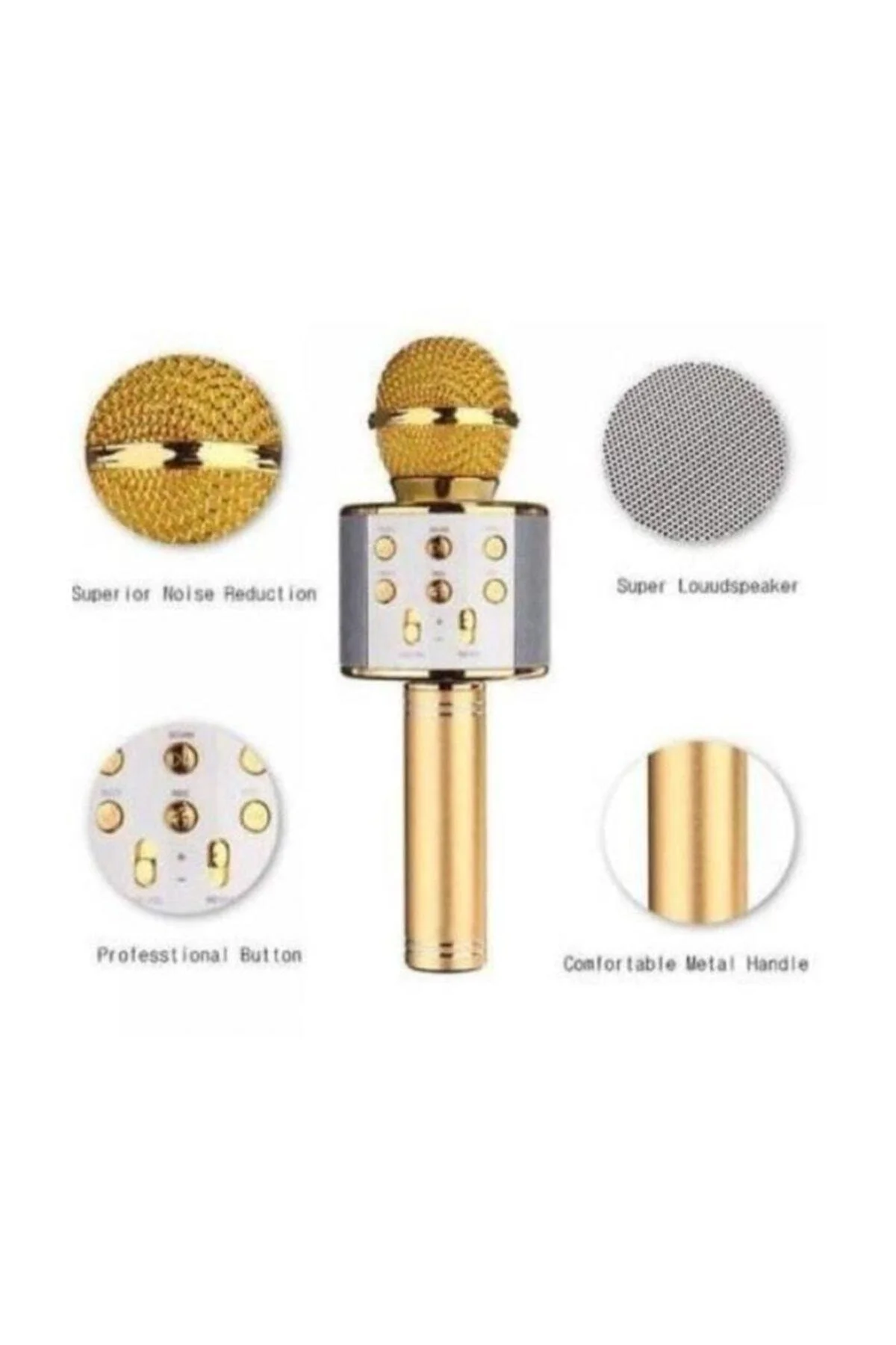 Bluetooth bağlantılı altın renkli dahili hoparlörlü karaoke mikrofon 2 yıl garantili