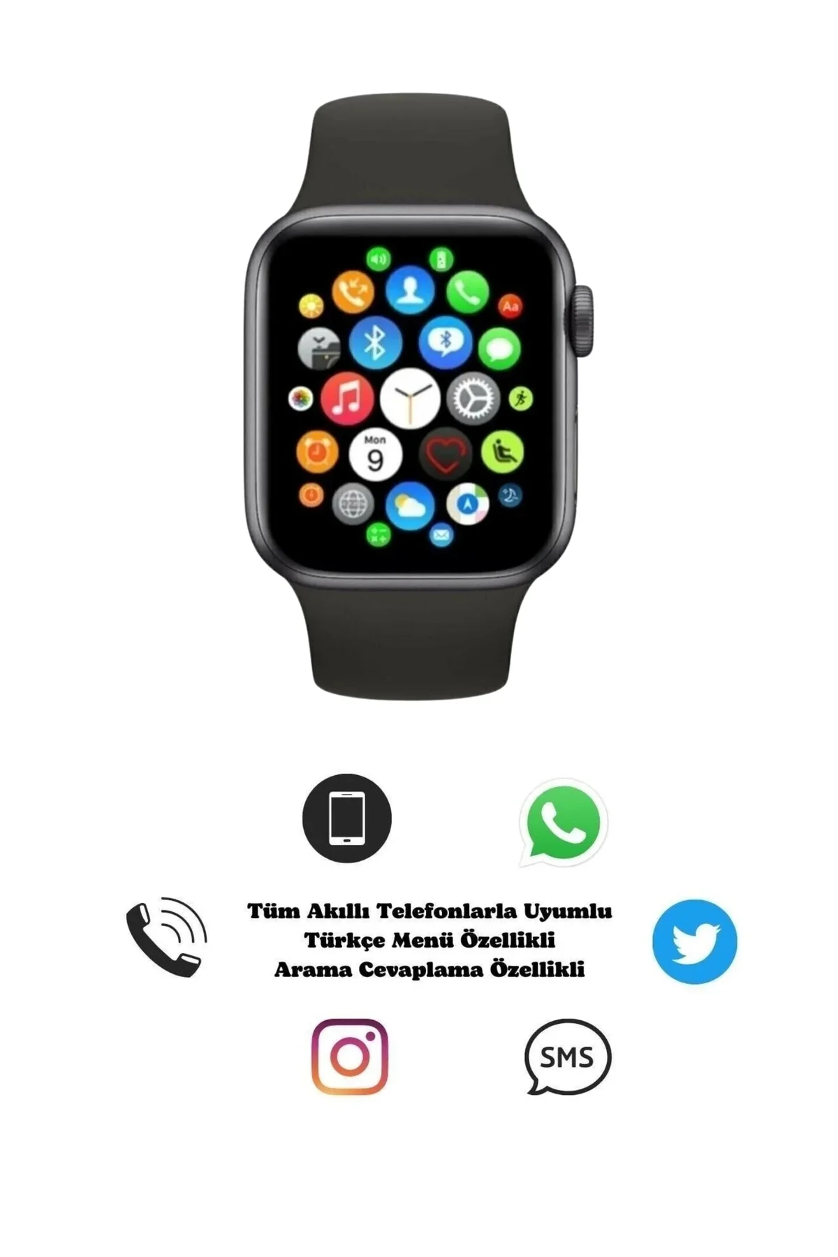 Bluetooth Bağlantılı Akıllı Saat, Nabız ve Uyku Takibi, Suya Dayanıklı Siyah Silikon Kordonlu Model